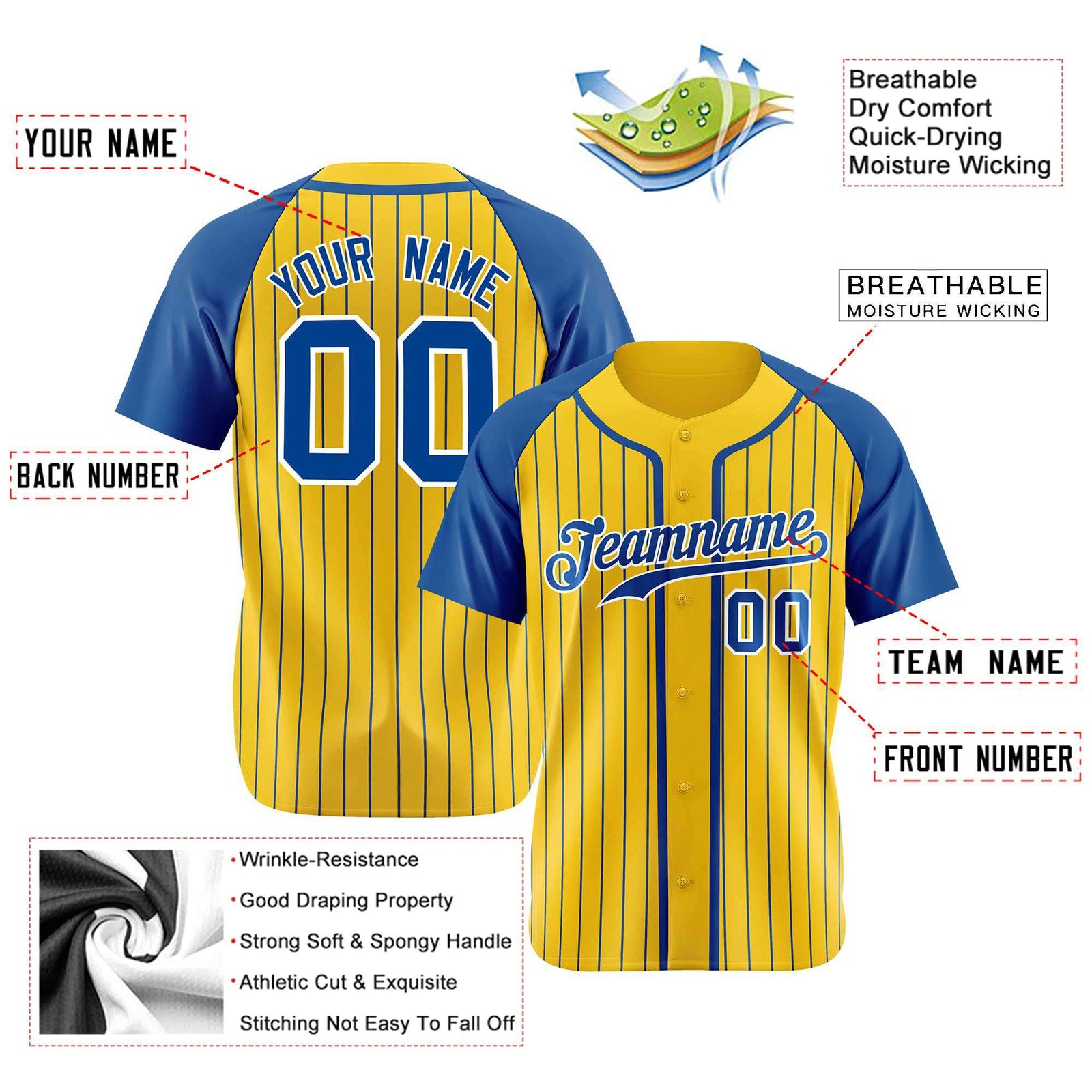 Custom Yellow Blue Pinstripe Blue-White Authentic Raglan Sleeves Baseball Jersey