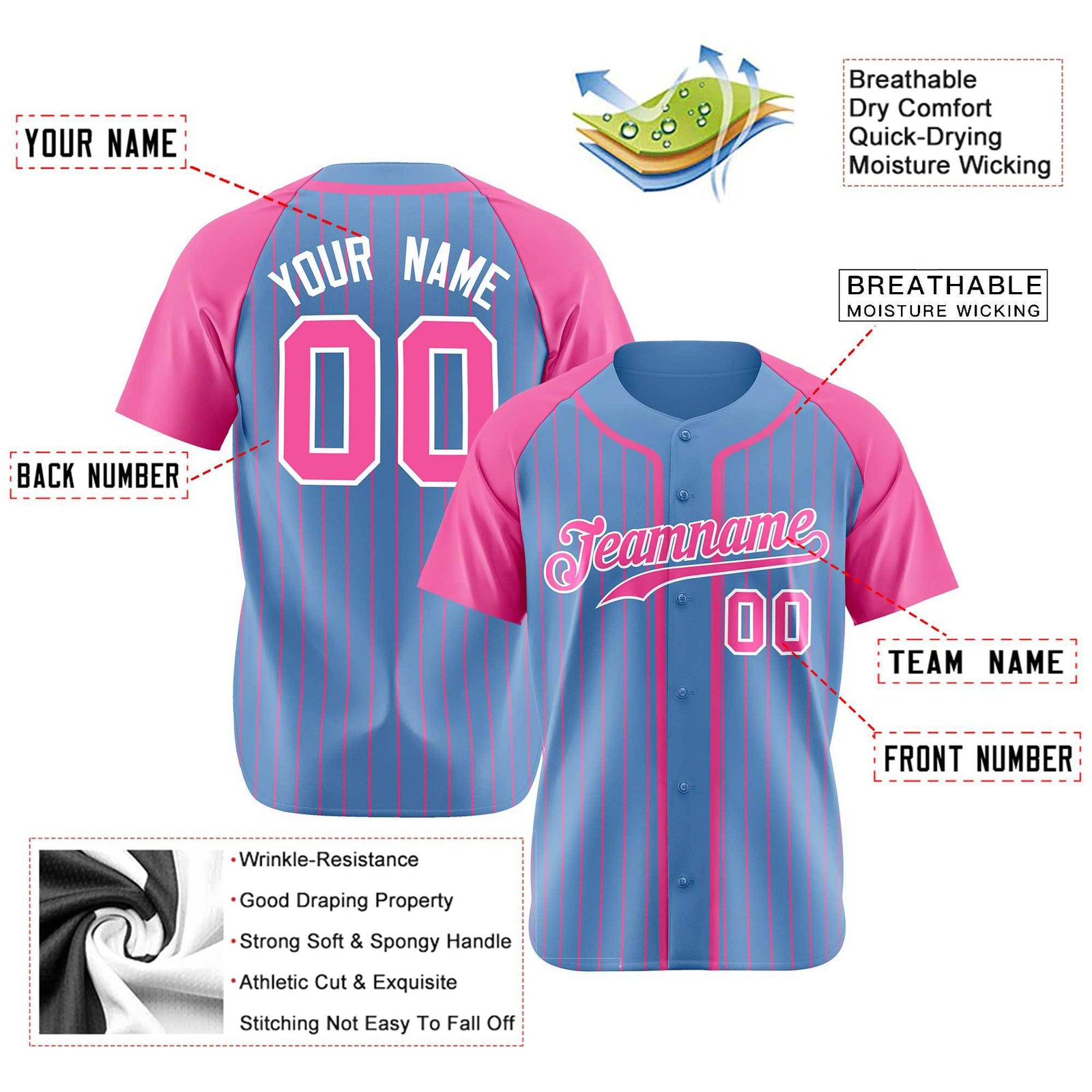 Custom Powder Blue Pink Pinstripe Pink-White Authentic Raglan Sleeves Baseball Jersey