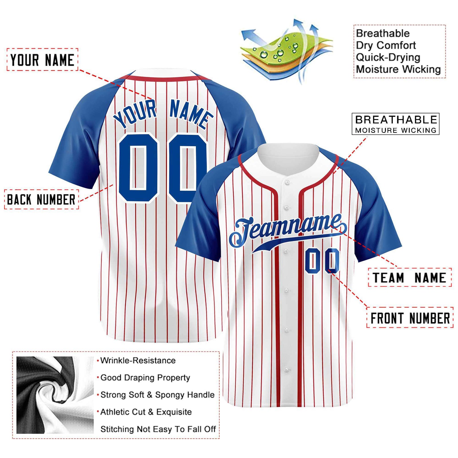 Custom White Blue Pinstripe Blue-Crimson Authentic Raglan Sleeves Baseball Jersey