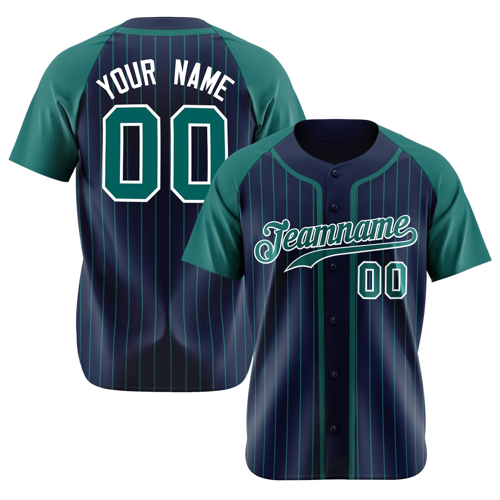 Custom Navy Green Pinstripe Green-White Authentic Raglan Sleeves Baseball Jersey