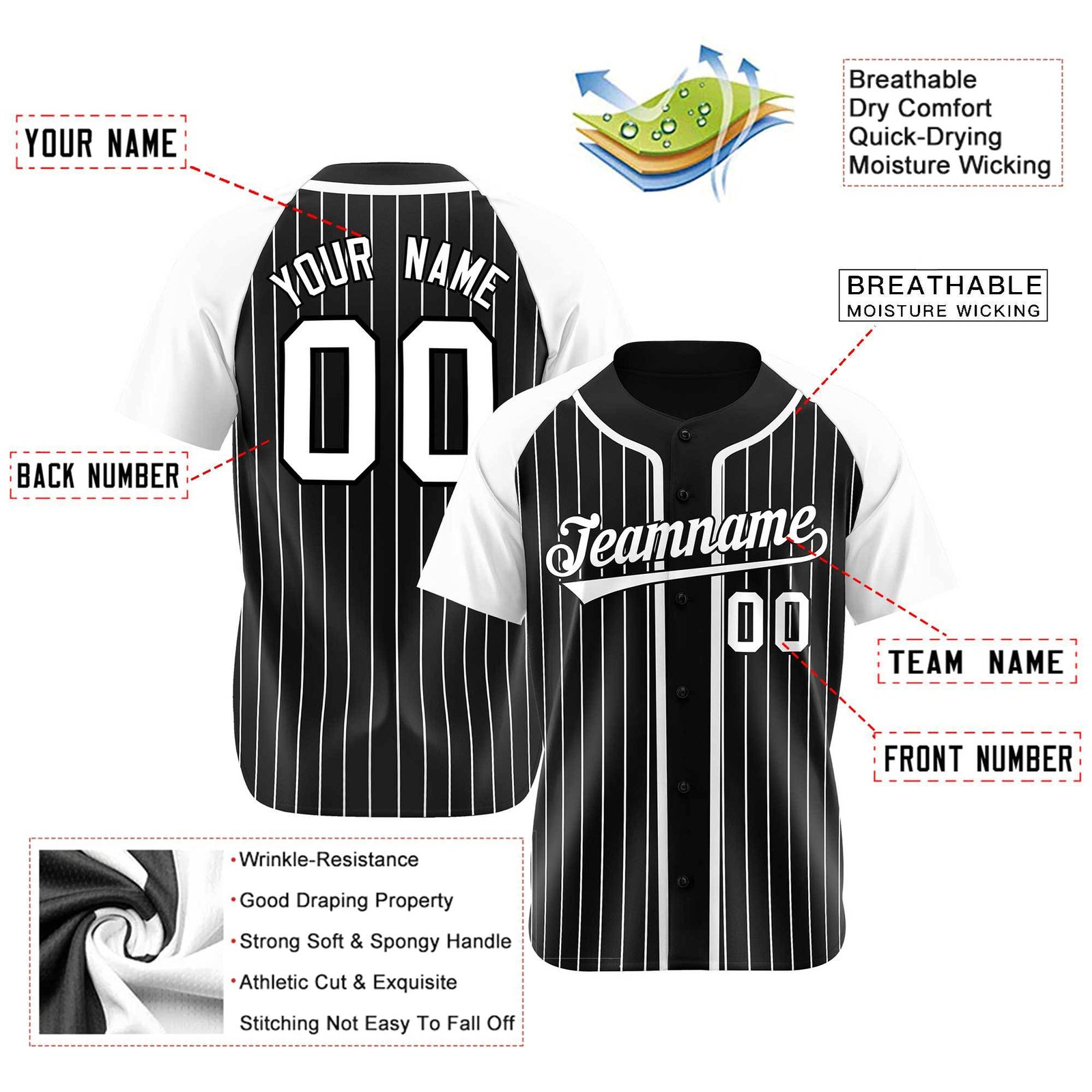 Custom Black White Pinstripe Gray-White Authentic Raglan Sleeves Baseball Jersey