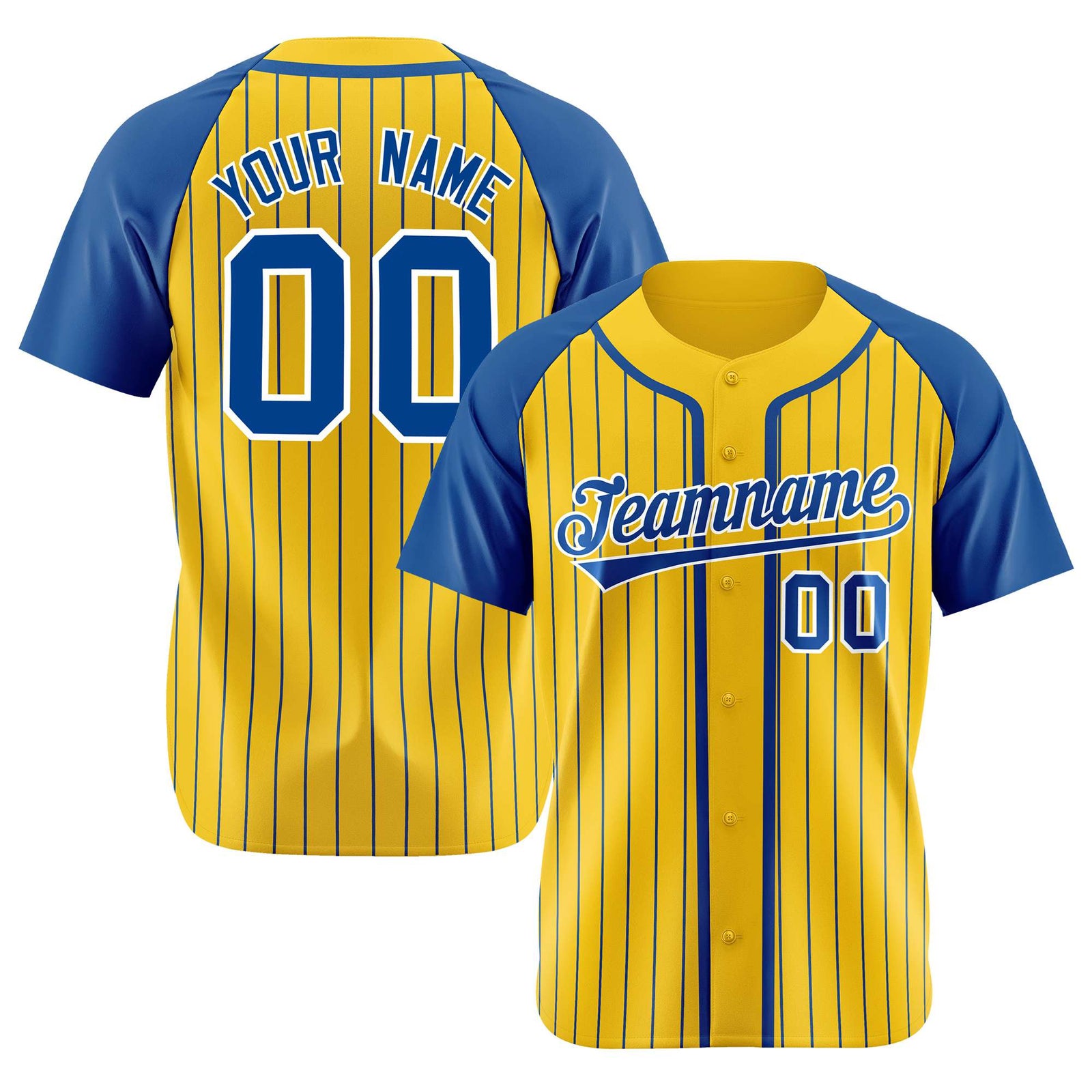 Custom Yellow Blue Pinstripe Blue-White Authentic Raglan Sleeves Baseball Jersey