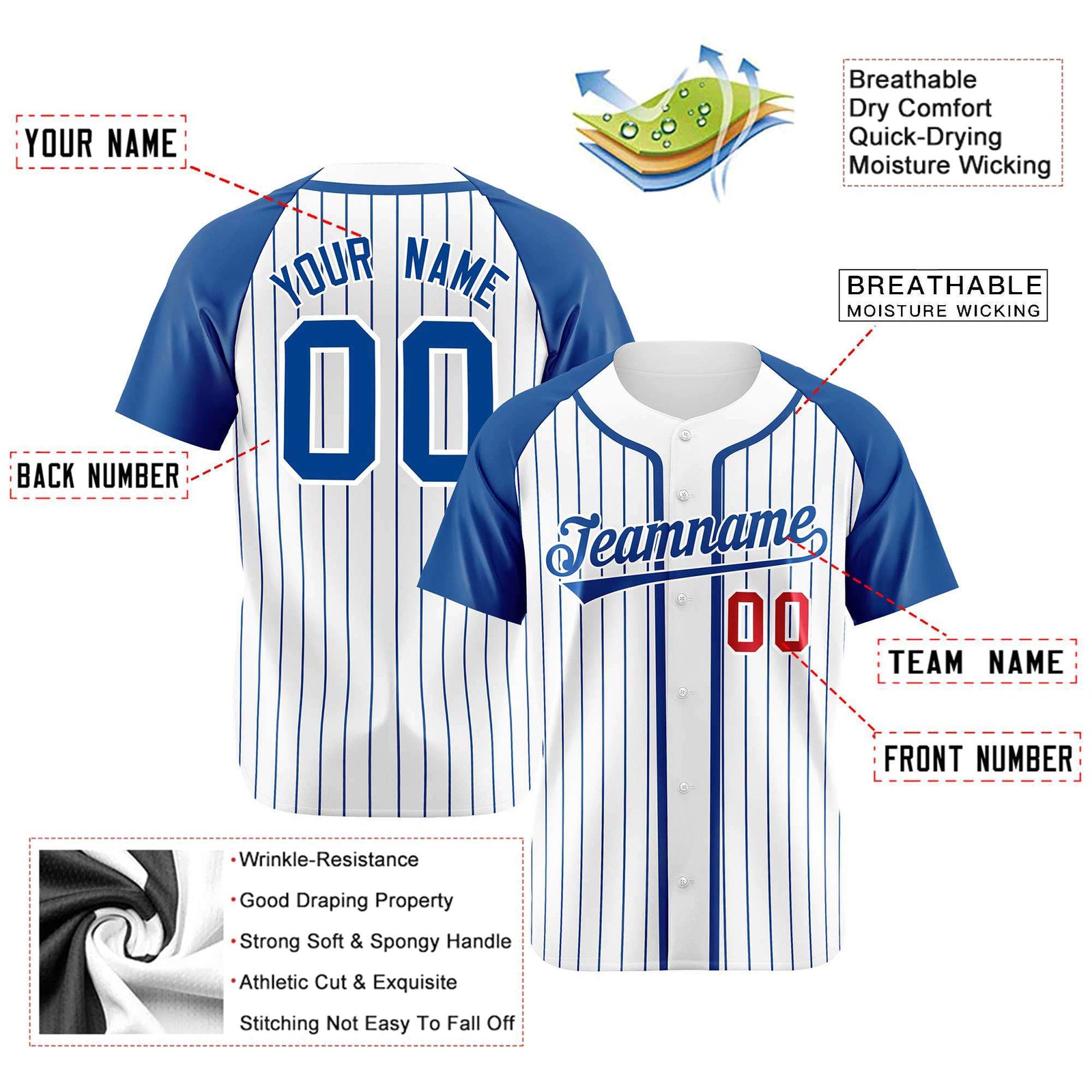 Custom White Blue Pinstripe Crimson-Blue Authentic Raglan Sleeves Baseball Jersey