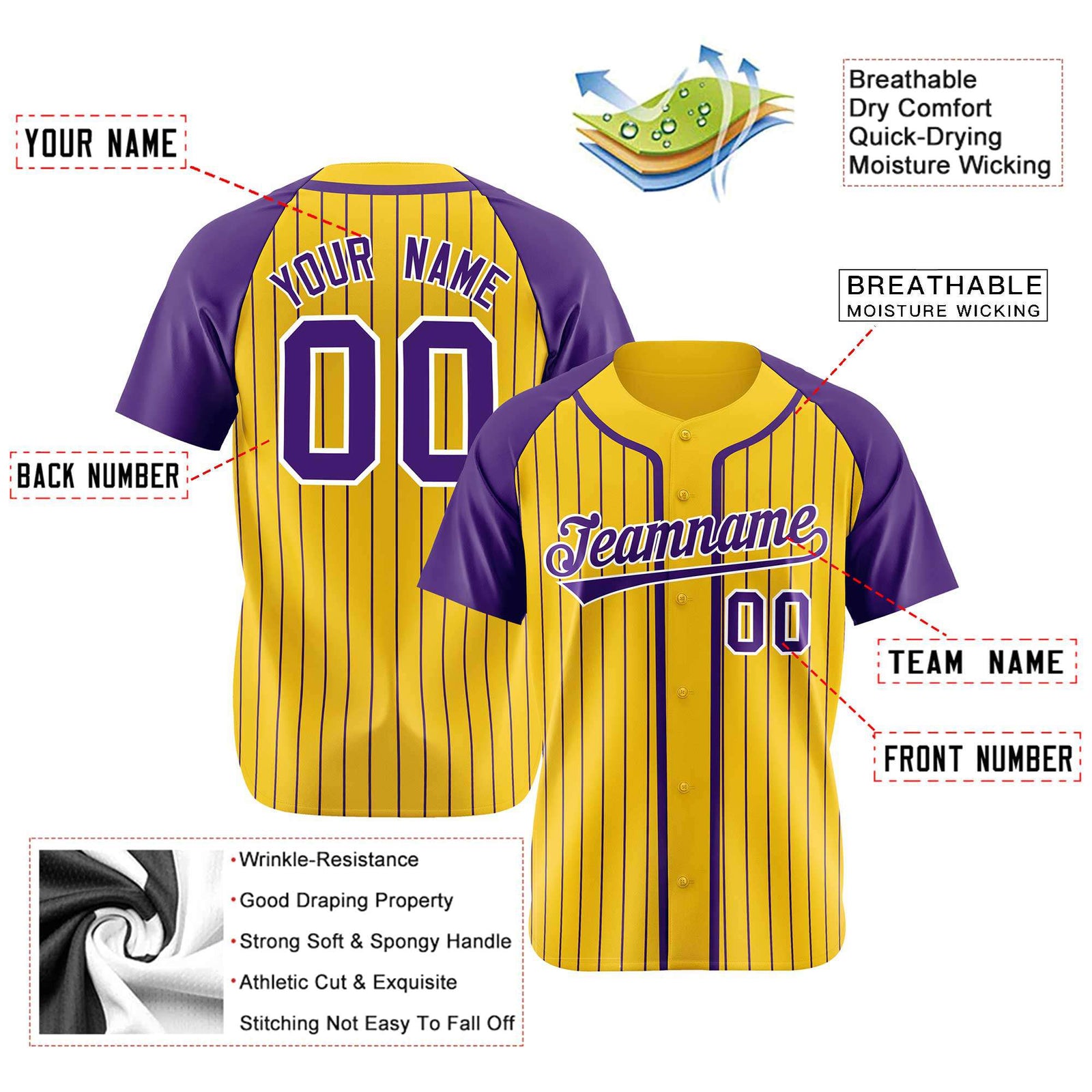 Custom Yellow Purple Pinstripe Purple-White Authentic Raglan Sleeves Baseball Jersey