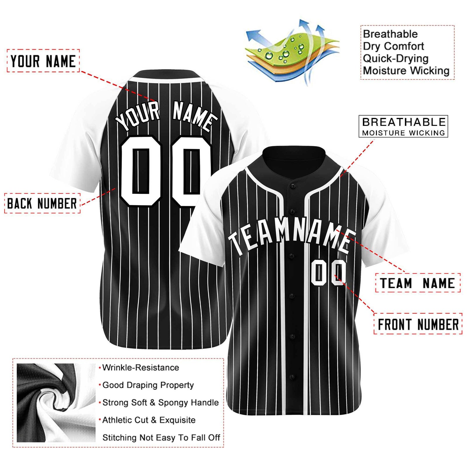 Custom Black White Pinstripe Gray-White Authentic Raglan Sleeves Baseball Jersey