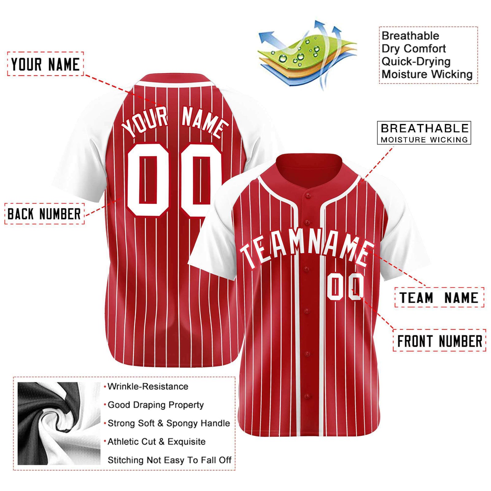 Custom Red White Pinstripe Red-White Authentic Raglan Sleeves Baseball Jersey