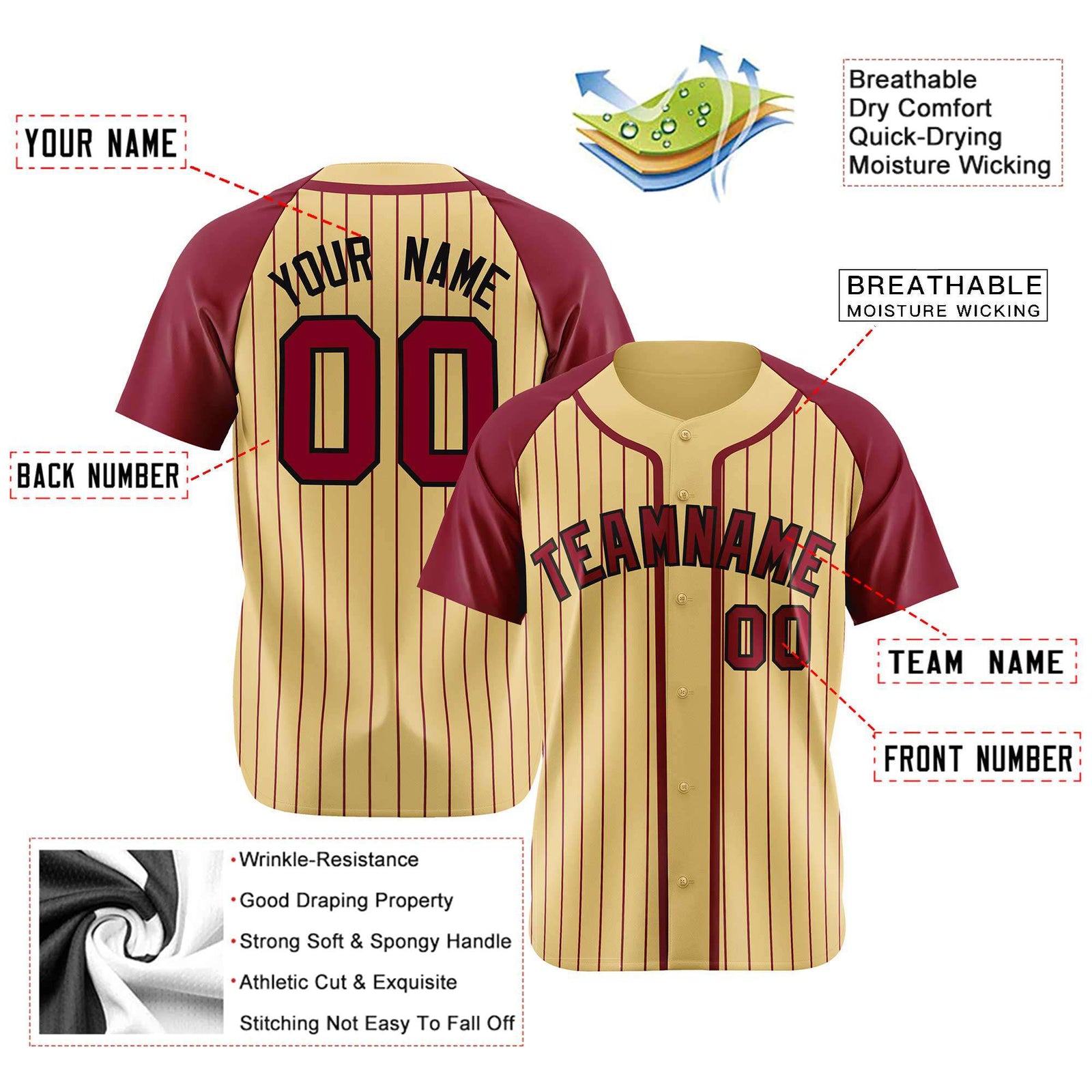 Custom Cream Burgundy Pinstripe Burgundy-Black Authentic Raglan Sleeves Baseball Jersey