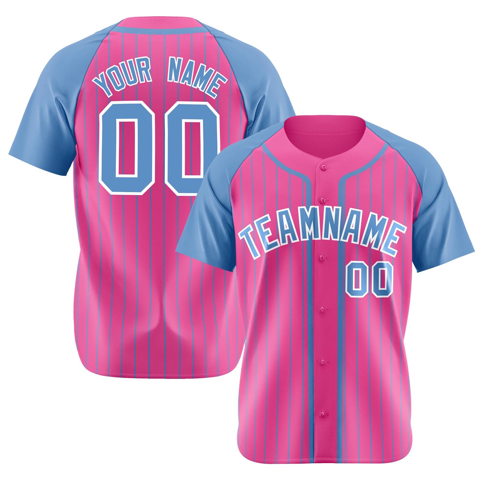 Custom Pink Powder Blue Pinstripe Powder-Blue White Authentic Raglan Sleeves Baseball Jersey