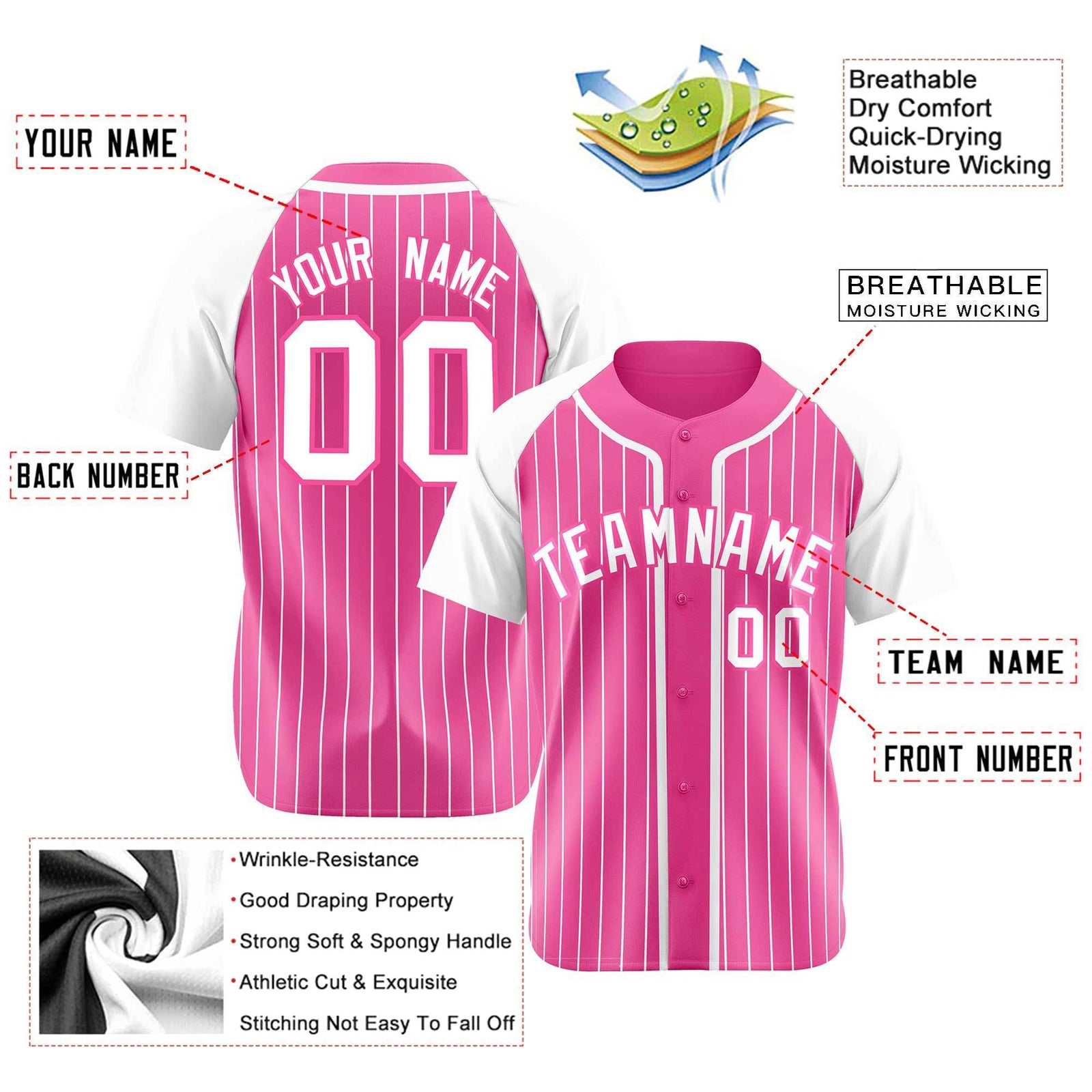 Custom Pink White Pinstripe Pink-White Authentic Raglan Sleeves Baseball Jersey