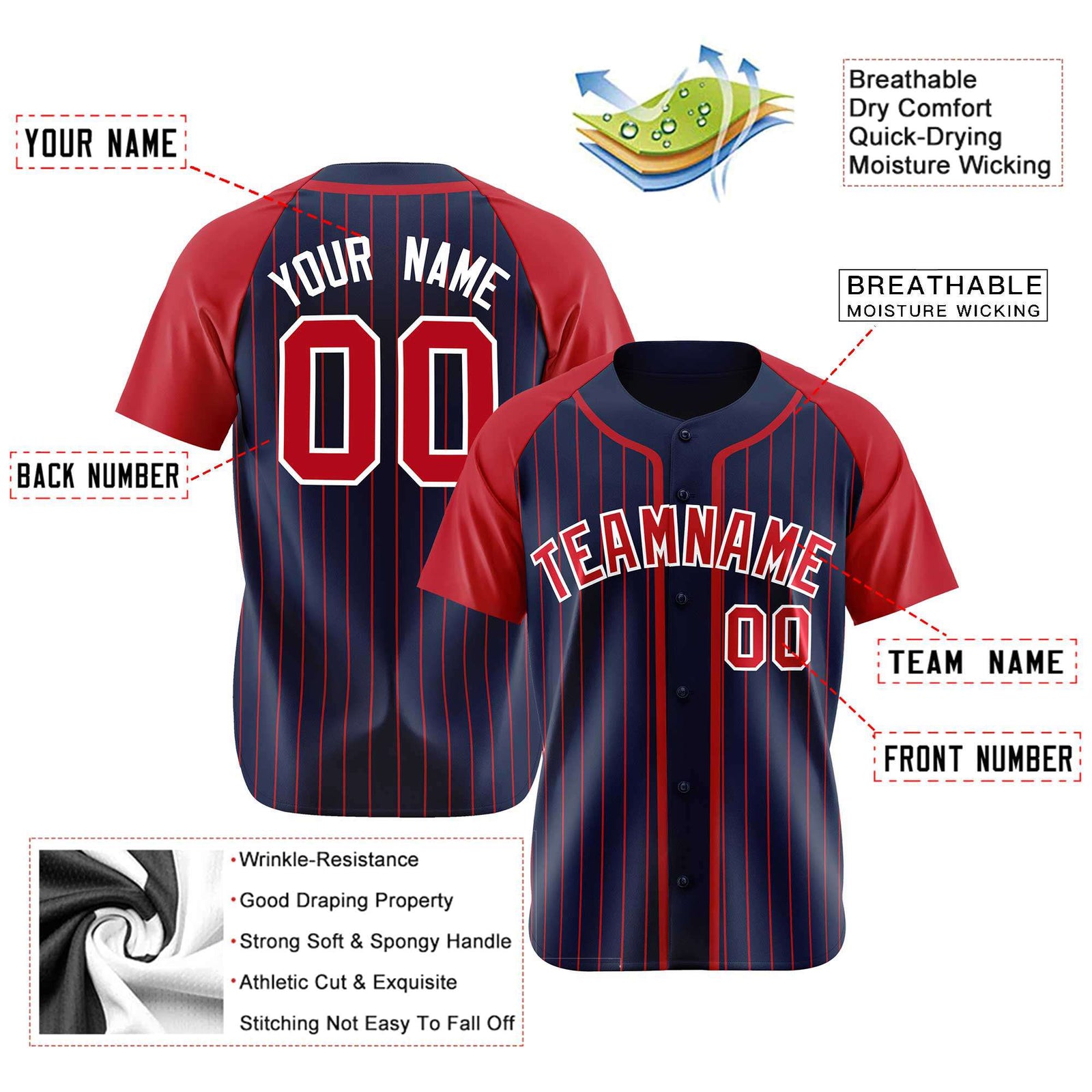 Custom Navy Red Pinstripe Red-White Authentic Raglan Sleeves Baseball Jersey