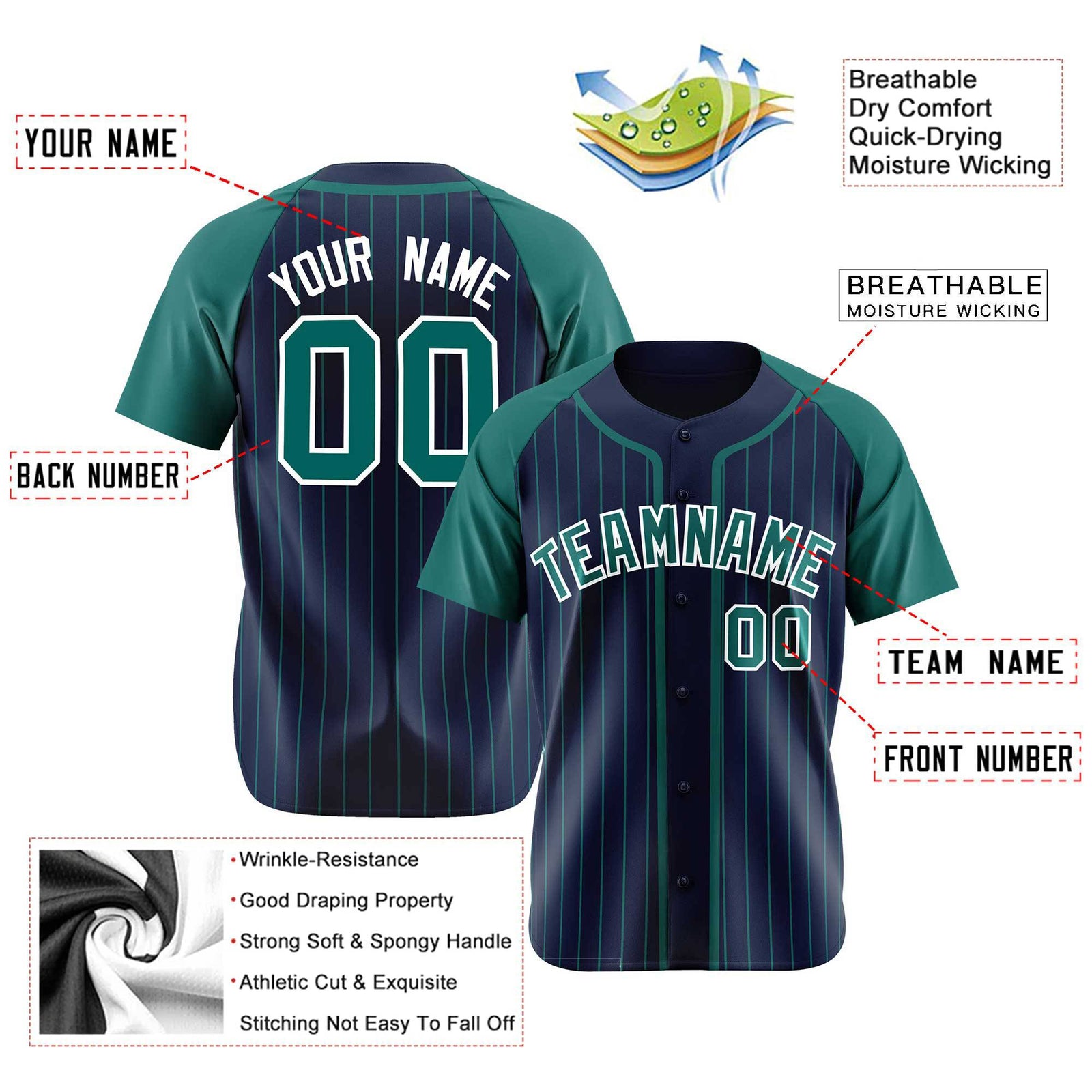 Custom Navy Green Pinstripe Green-White Authentic Raglan Sleeves Baseball Jersey