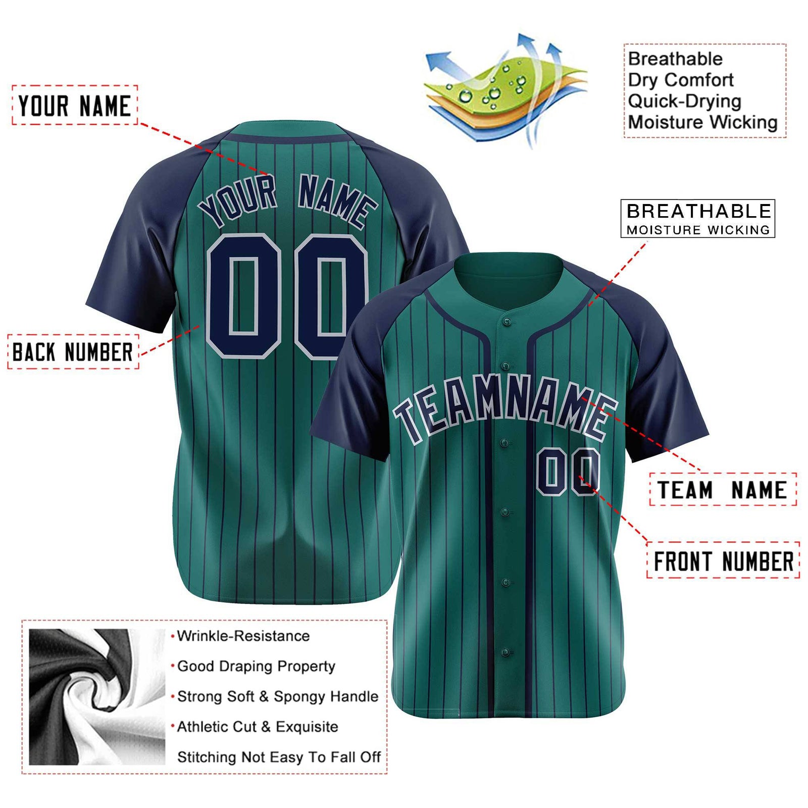 Custom Green Navy Pinstripe Navy-White Authentic Raglan Sleeves Baseball Jersey