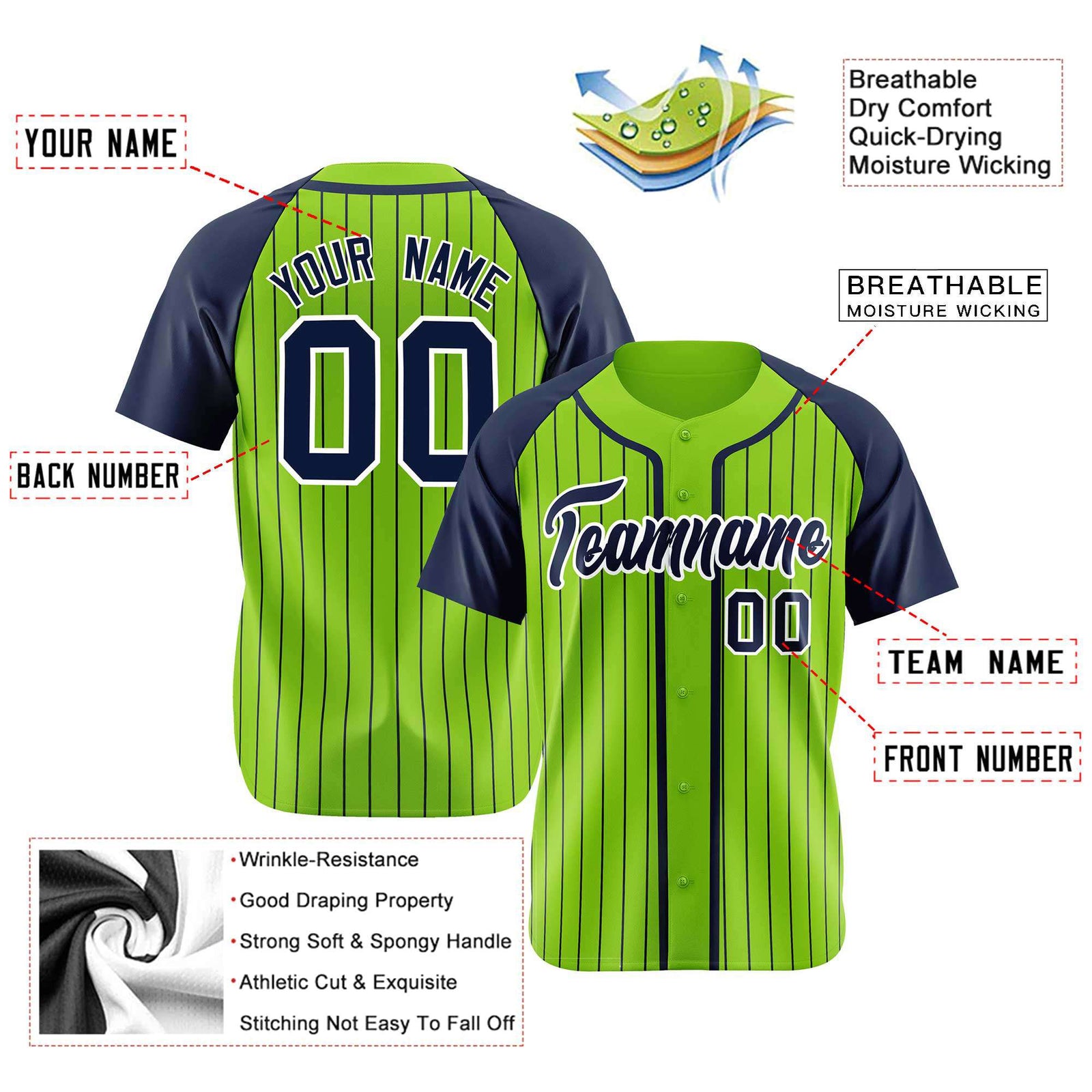 Custom Aqua Navy Pinstripe Navy-White Authentic Raglan Sleeves Baseball Jersey