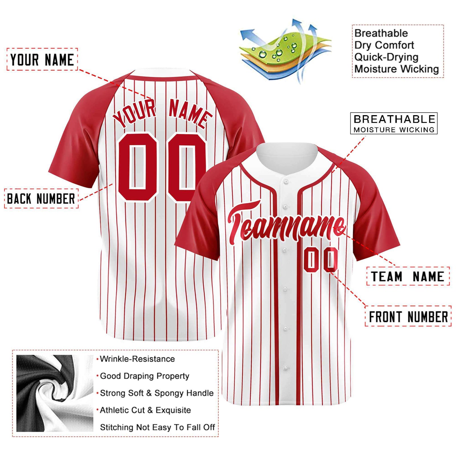 Custom White Red Pinstripe Red-White Authentic Raglan Sleeves Baseball Jersey