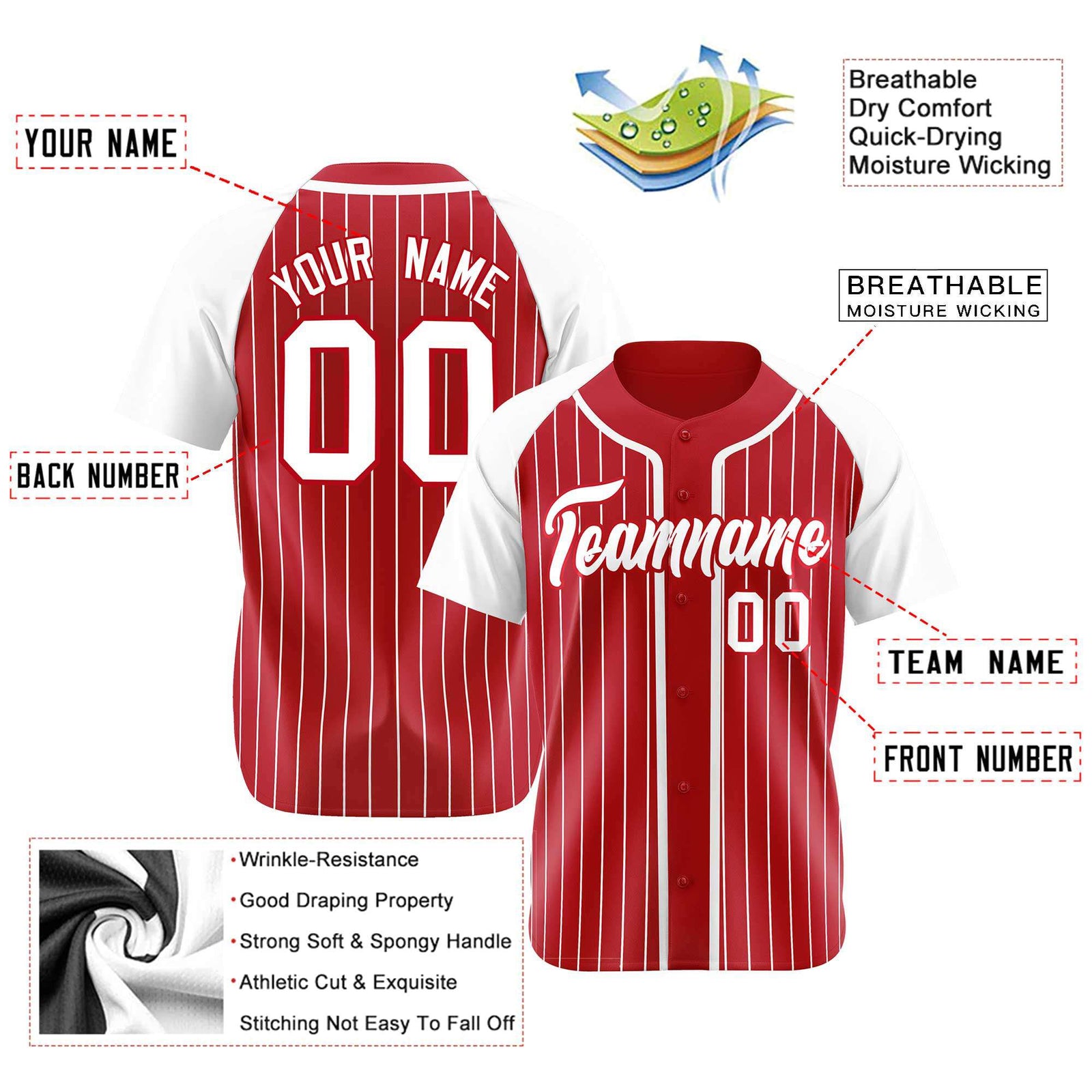 Custom Red White Pinstripe Red-White Authentic Raglan Sleeves Baseball Jersey