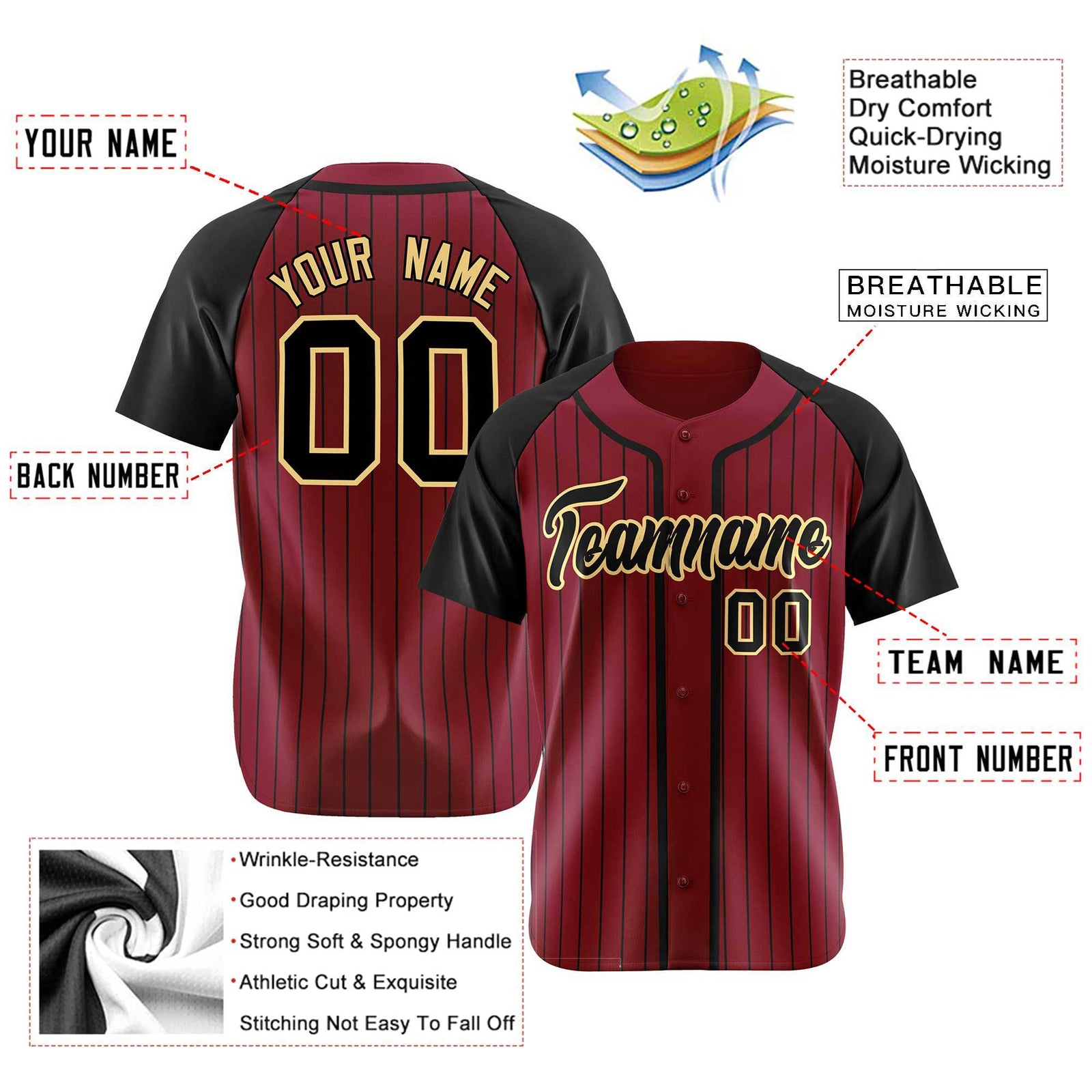Custom Burgundy Black Pinstripe Black-Yellow Authentic Raglan Sleeves Baseball Jersey