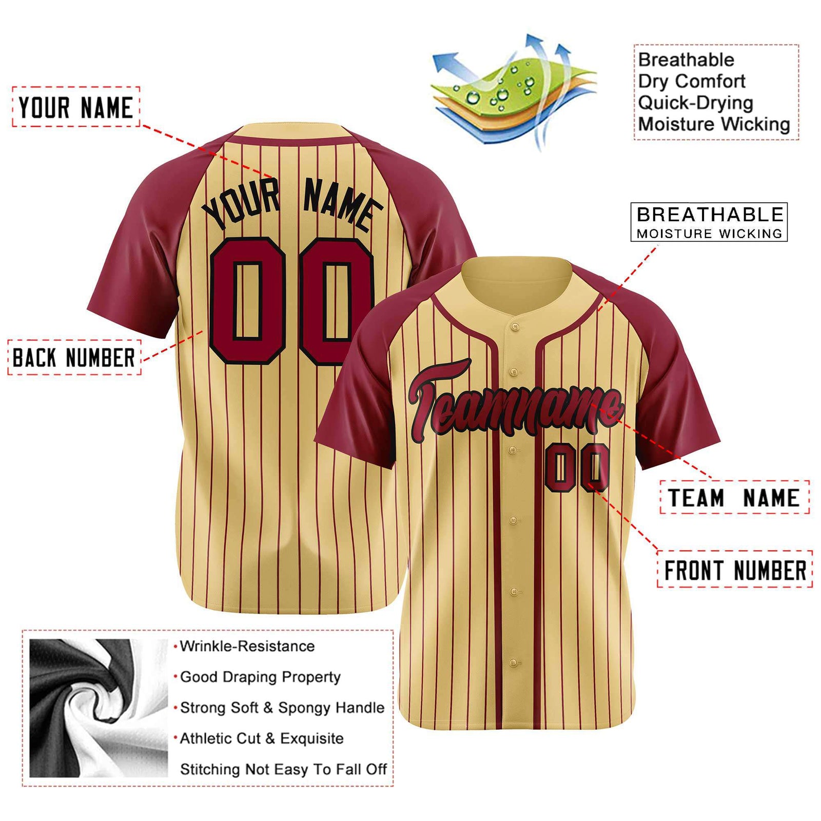 Custom Cream Burgundy Pinstripe Burgundy-Black Authentic Raglan Sleeves Baseball Jersey