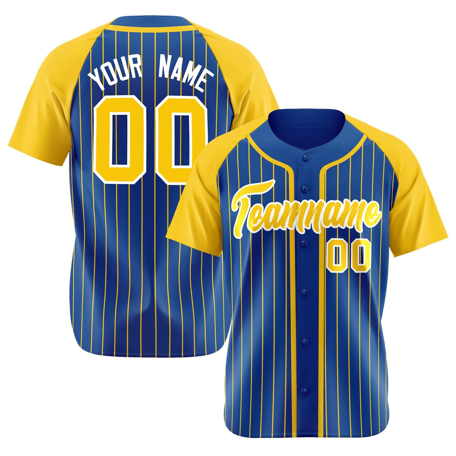 Custom Blue Yellow Pinstripe Yellow-White Authentic Raglan Sleeves Baseball Jersey