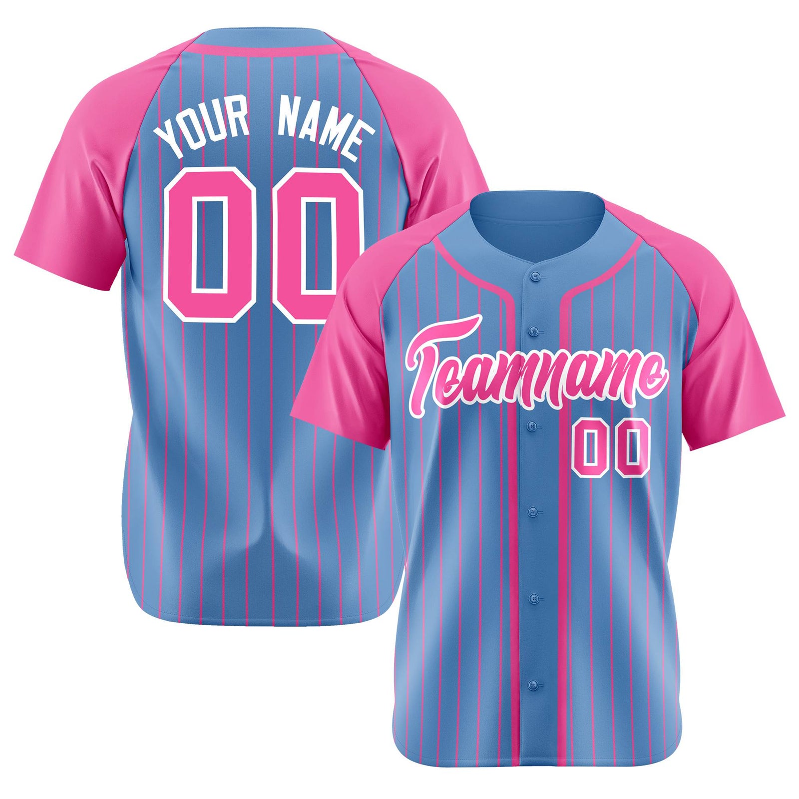 Custom Powder Blue Pink Pinstripe Pink-White Authentic Raglan Sleeves Baseball Jersey