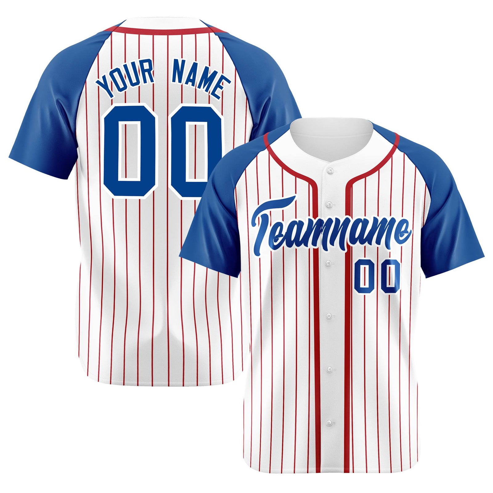 Custom White Blue Pinstripe Blue-Crimson Authentic Raglan Sleeves Baseball Jersey