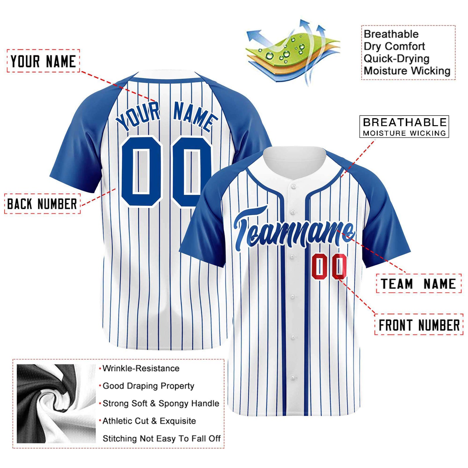 Custom White Blue Pinstripe Crimson-Blue Authentic Raglan Sleeves Baseball Jersey