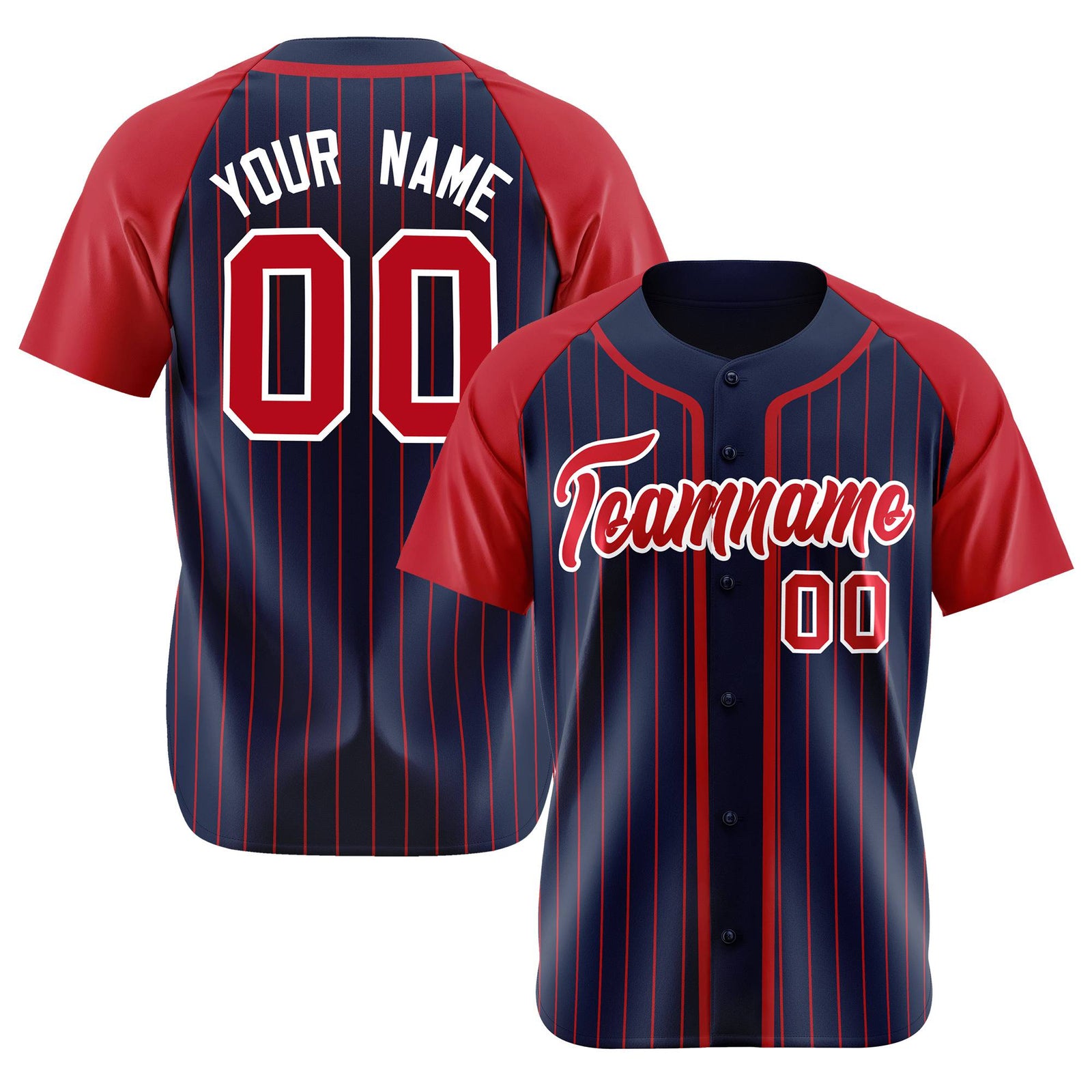 Custom Navy Red Pinstripe Red-White Authentic Raglan Sleeves Baseball Jersey