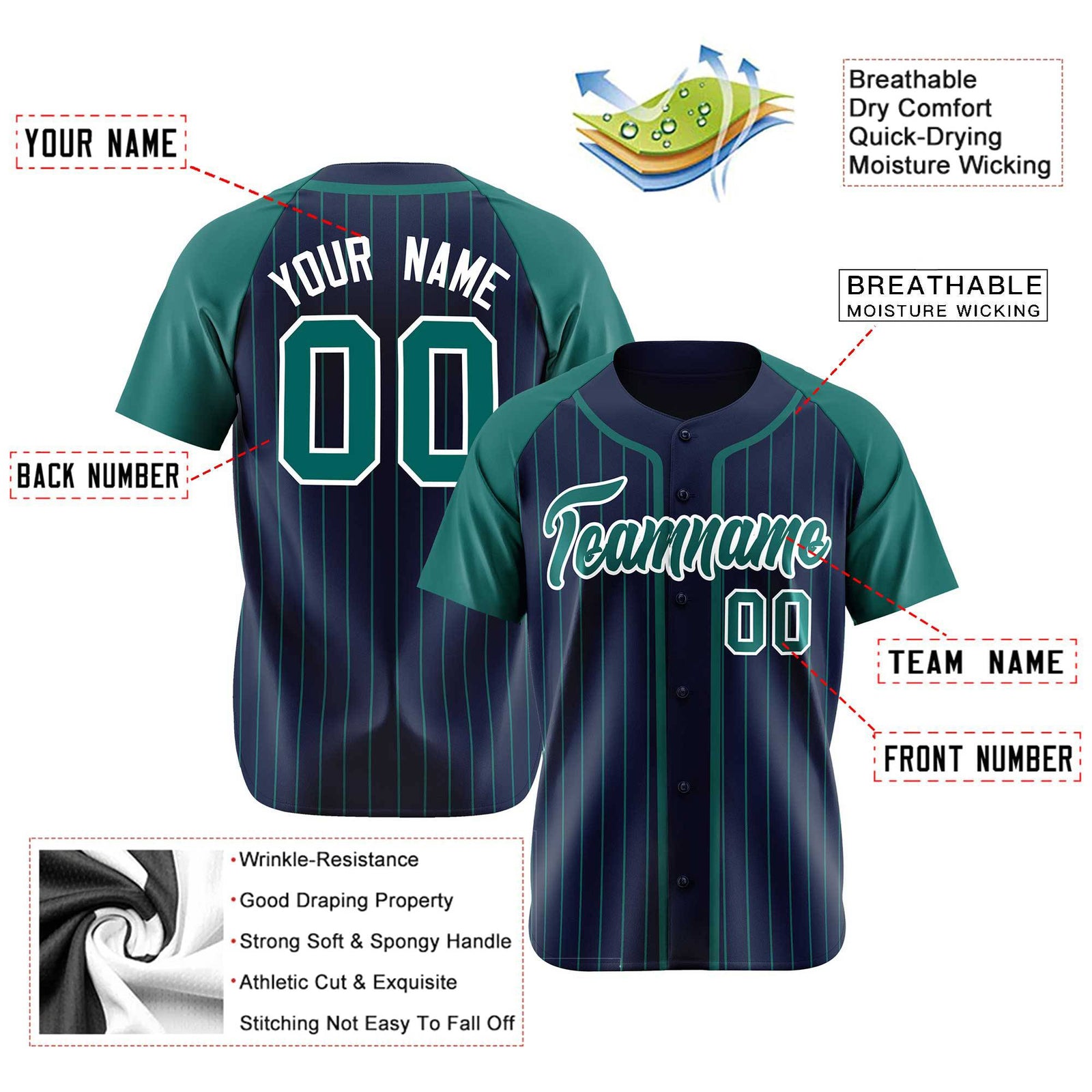 Custom Navy Green Pinstripe Green-White Authentic Raglan Sleeves Baseball Jersey