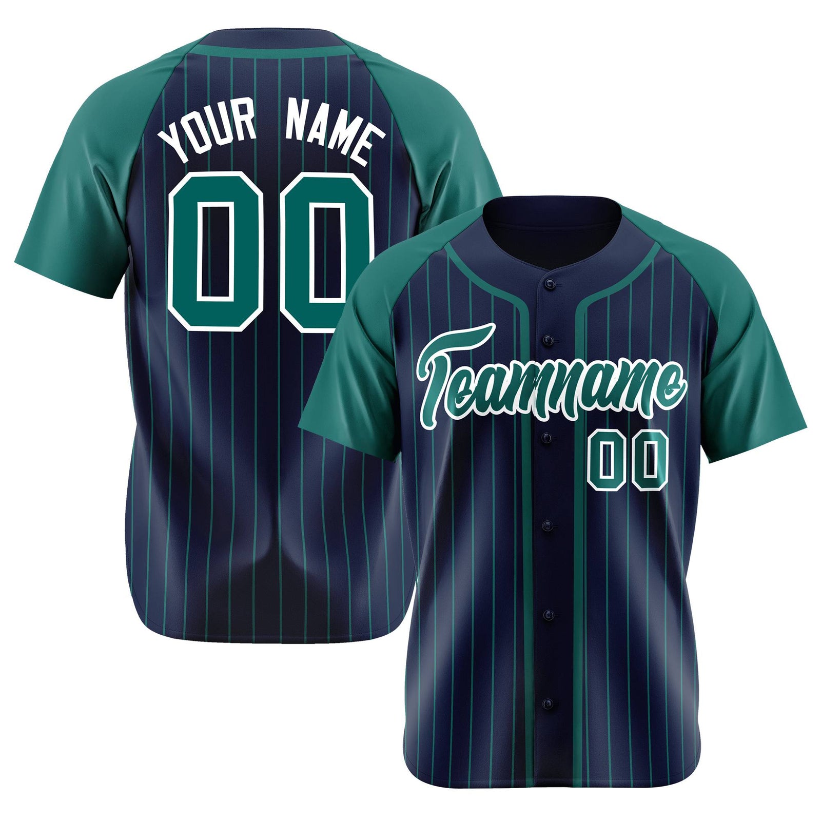 Custom Navy Green Pinstripe Green-White Authentic Raglan Sleeves Baseball Jersey