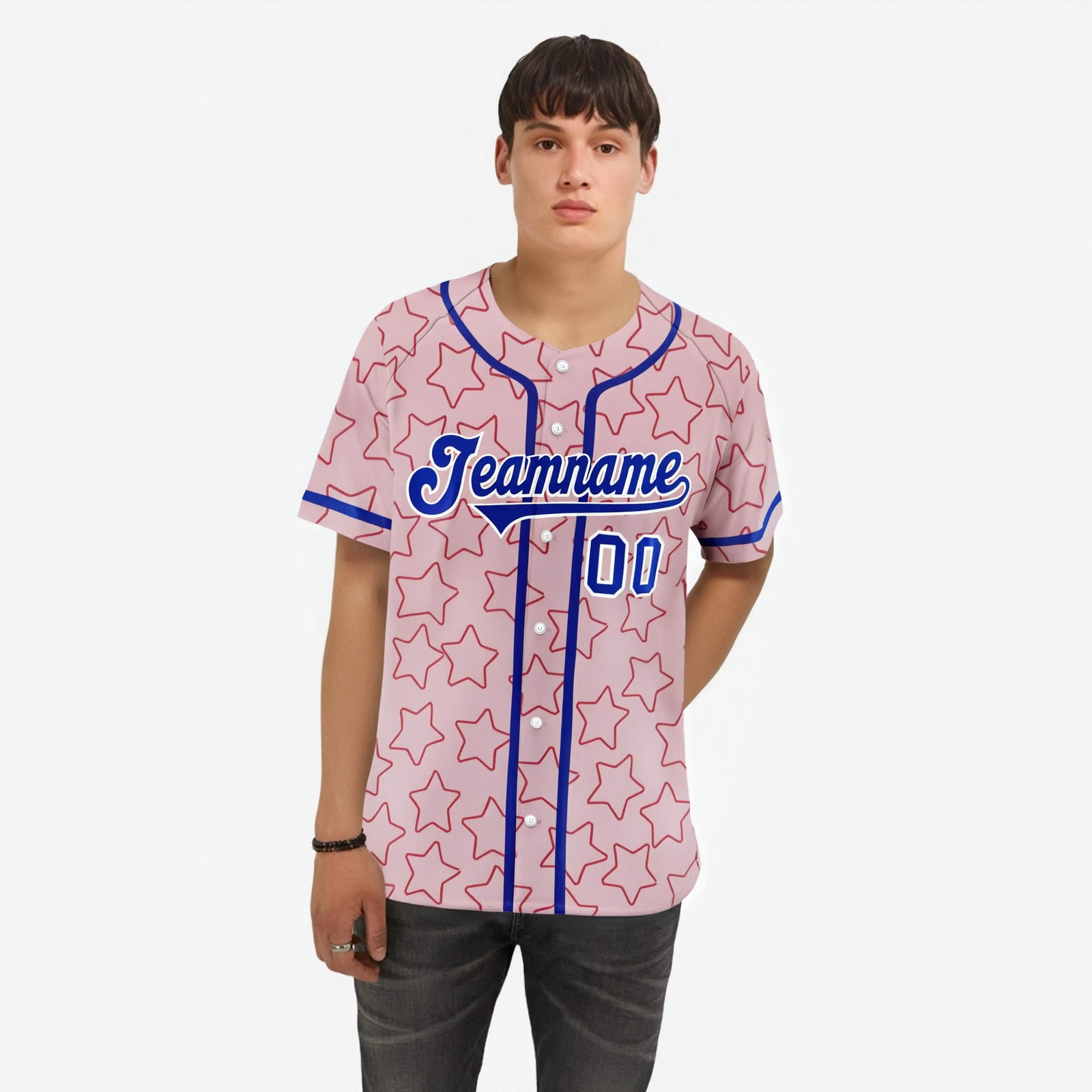 Custom Star Pink Blue Baseball Jersey Button Down Shirt Personalized for Adults/Youth