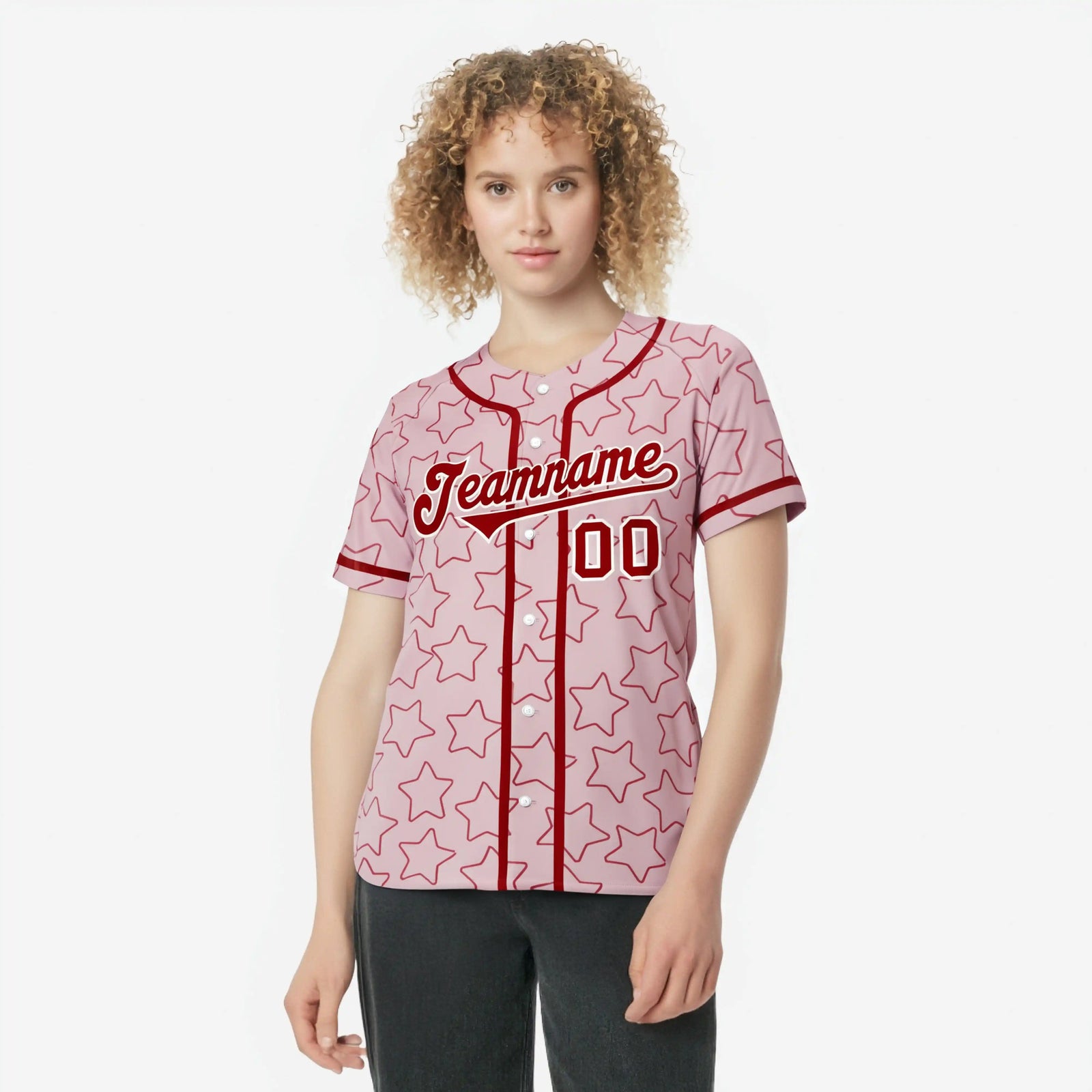 Custom Star Pink Red Baseball Jersey Button Down Shirt Personalized for Adults/Youth
