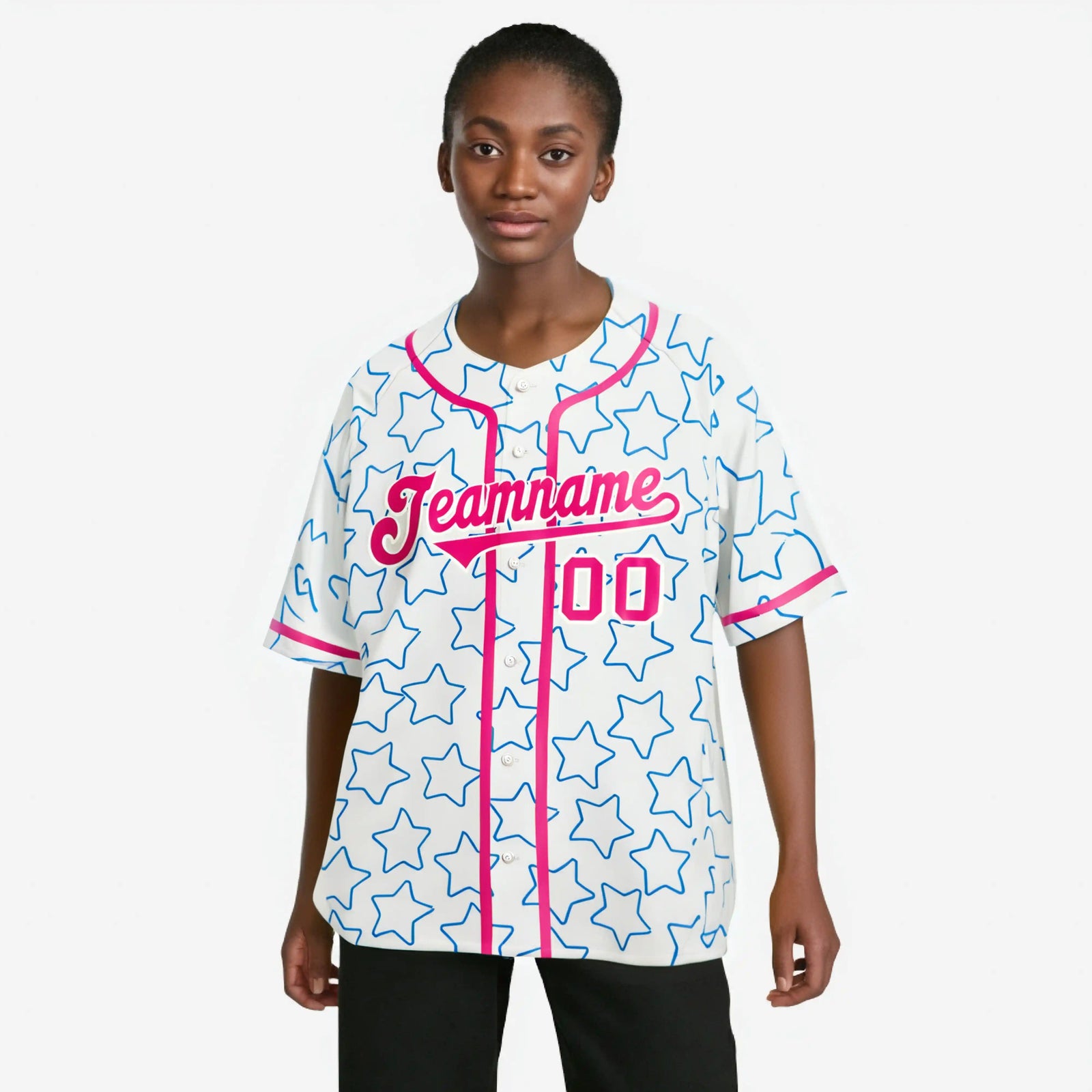 Custom Star White Pink Baseball Jersey Button Down Shirt Personalized for Adults/Youth