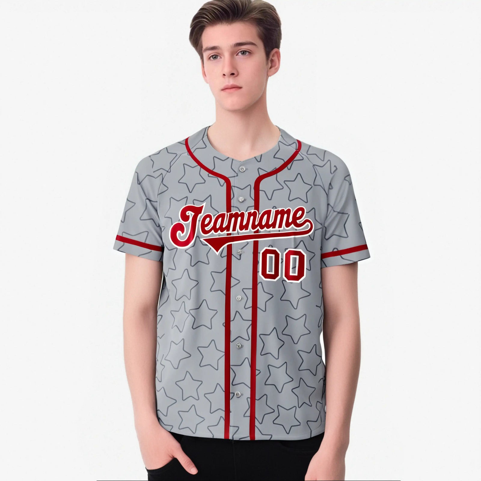 Custom Star Gray Red Baseball Jersey Button Down Shirt Personalized for Adults/Youth