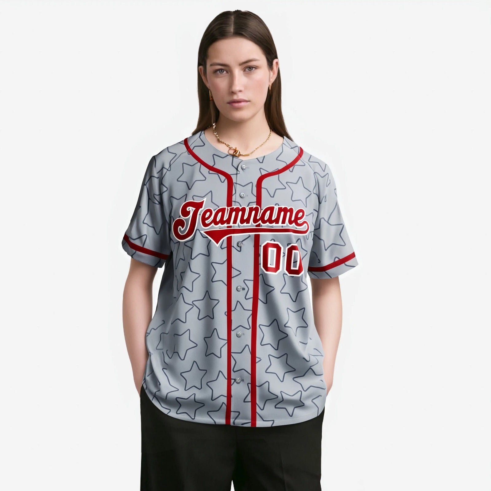 Custom Star Gray Red Baseball Jersey Button Down Shirt Personalized for Adults/Youth