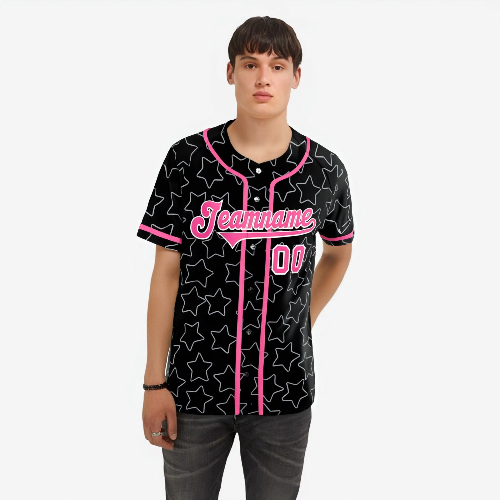 Custom Star Black Pink Baseball Jersey Button Down Shirt Personalized for Adults/Youth