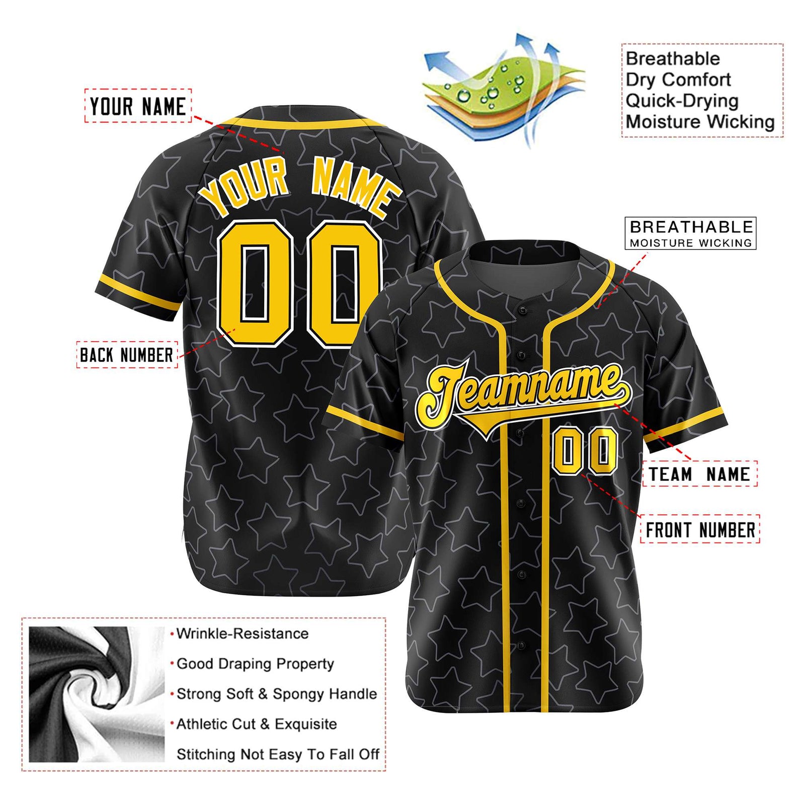 Custom Star Black Gold Baseball Jersey Button Down Shirt Personalized for Adults/Youth