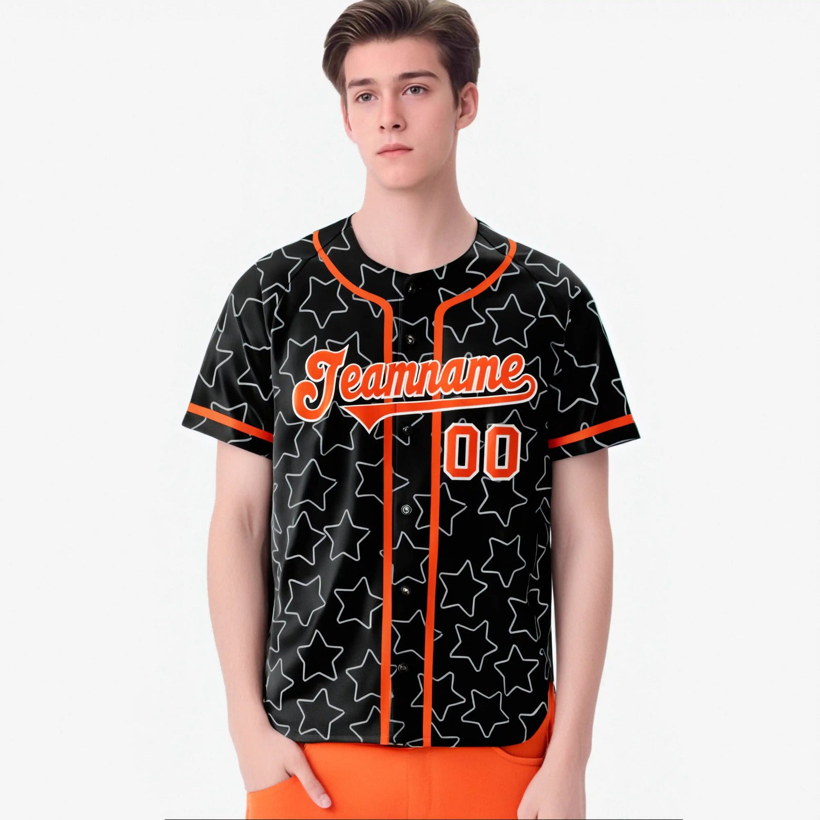 Custom Star Black Orange Baseball Jersey Button Down Shirt Personalized for Adults/Youth