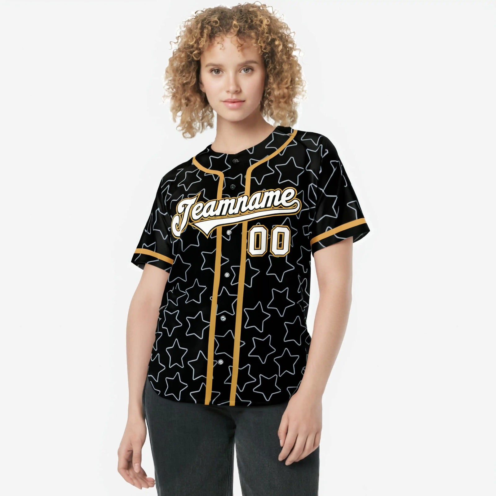 Camisa de béisbol con botones y estrellas personalizadas en blanco y negro para adultos y jóvenes.