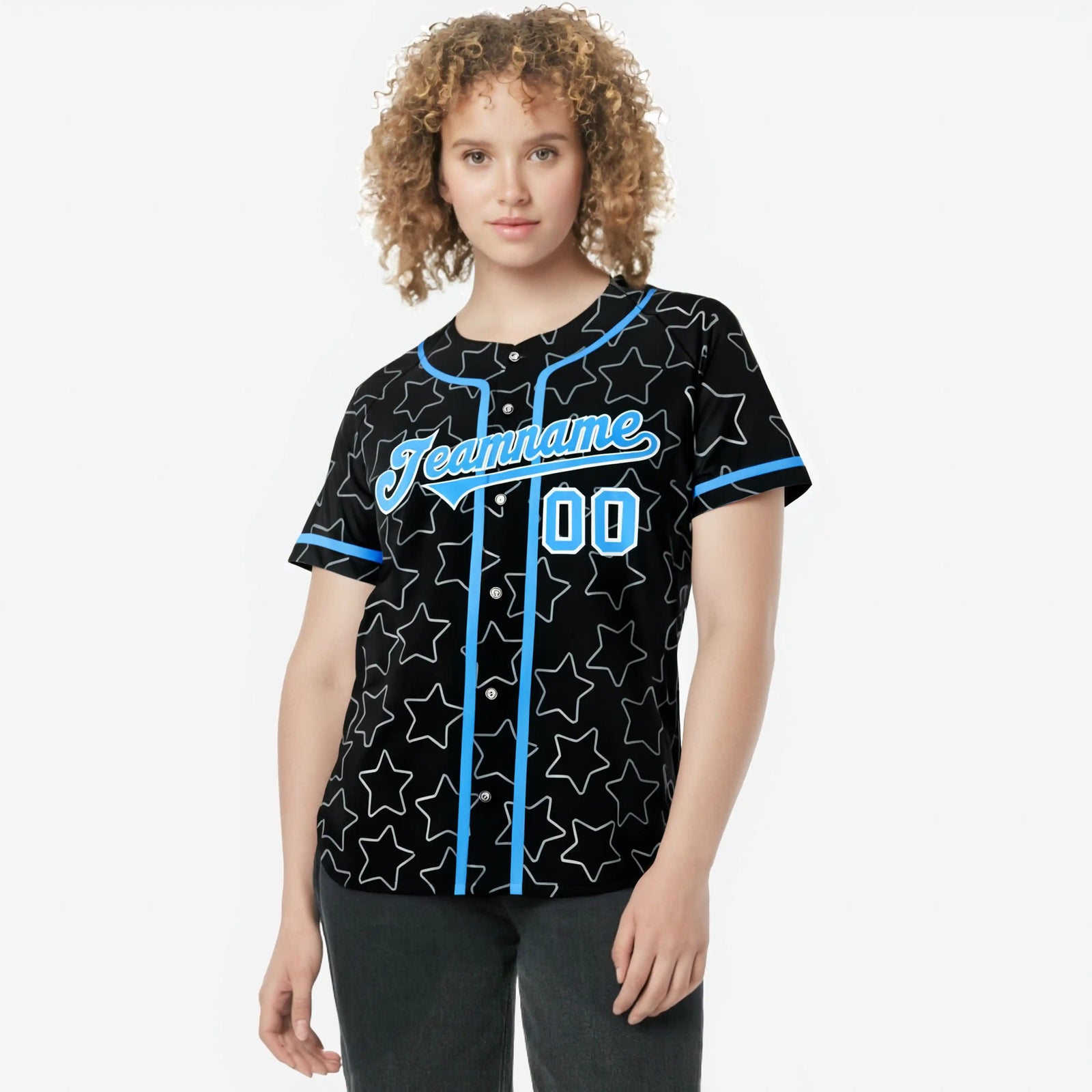 Custom Star Black Blue Baseball Jersey Button Down Shirt Personalized for Adults/Youth