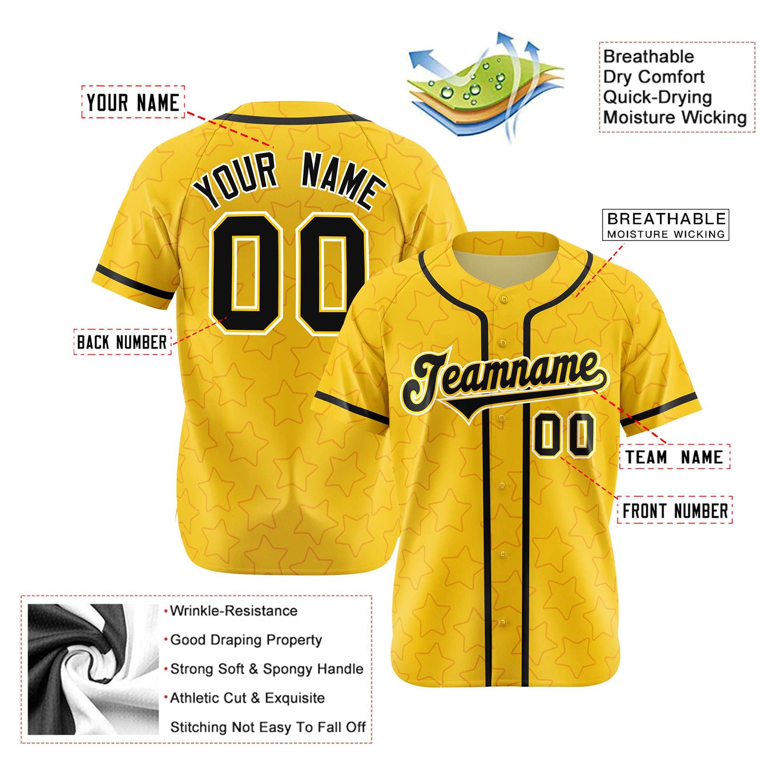Custom Star Gold Black Baseball Jersey Button Down Shirt Personalized for Adults/Youth