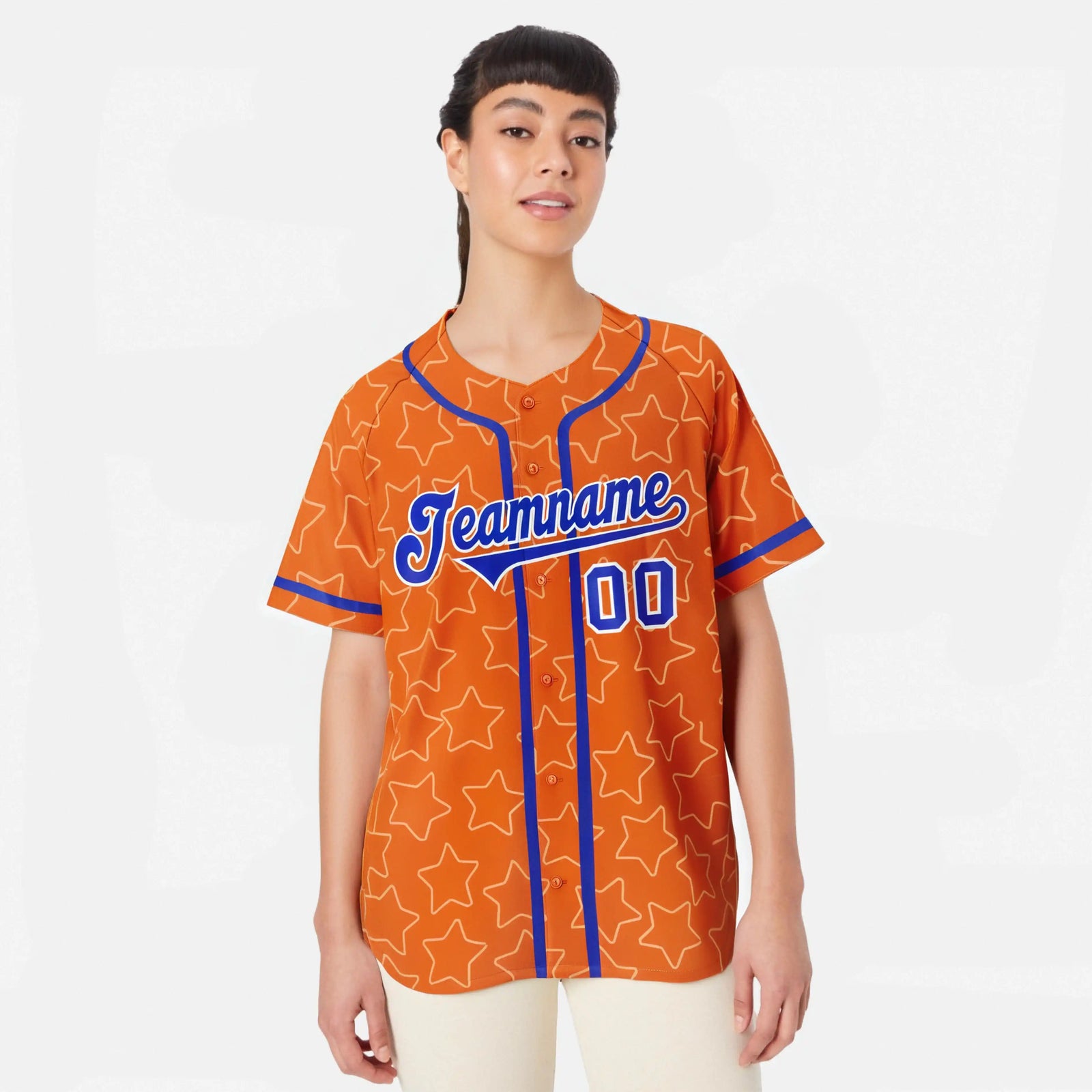 Custom Star Orange Blue Baseball Jersey Button Down Shirt Personalized for Adults/Youth