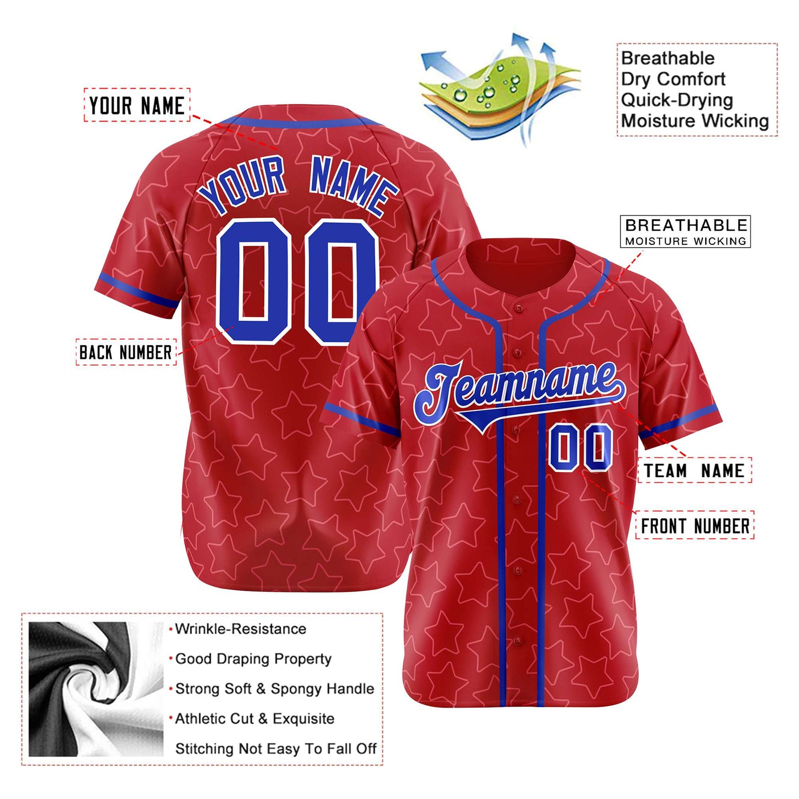 Custom Star Red Blue Baseball Jersey Button Down Shirt Personalized for Adults/Youth