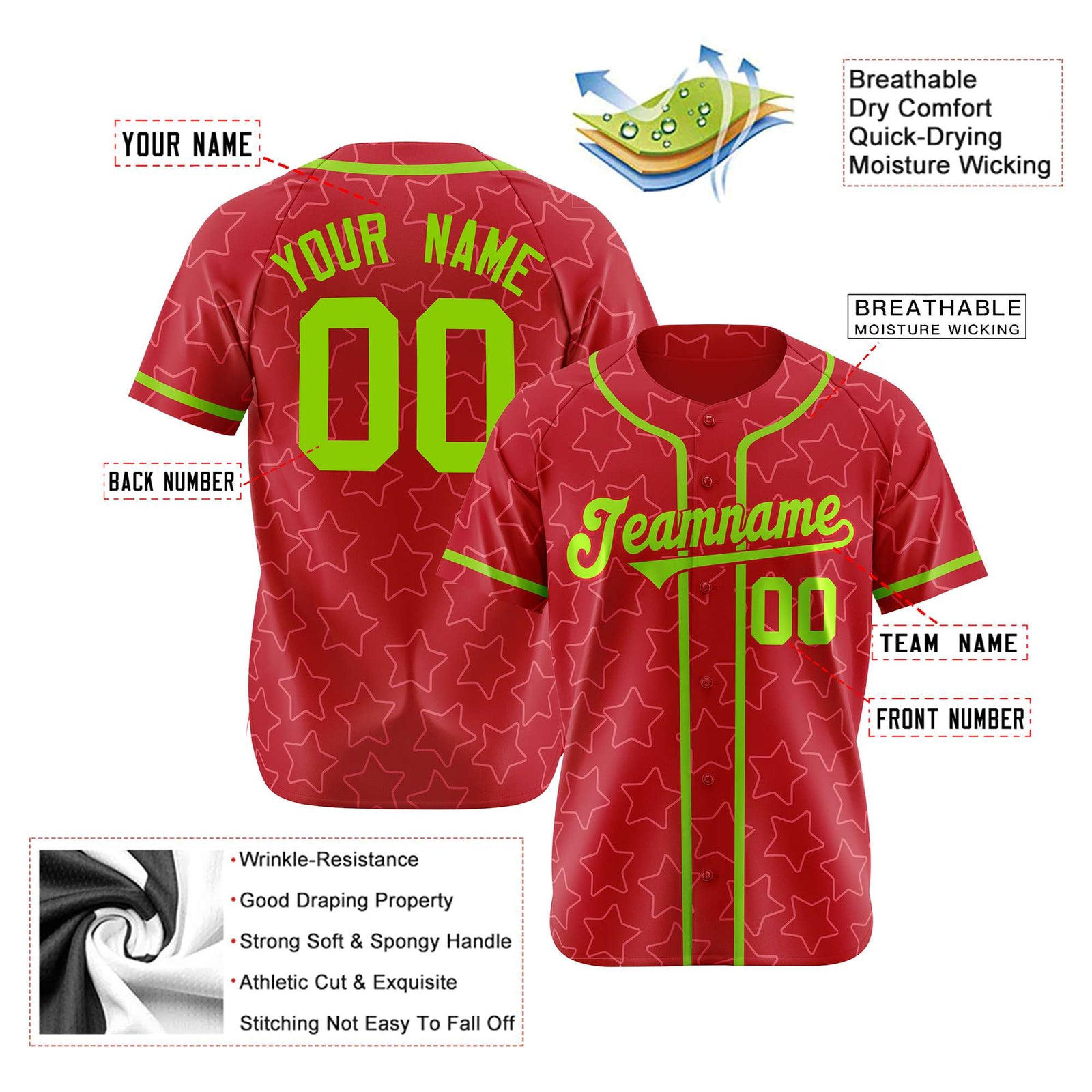 Custom Star Red Lime-Green Baseball Jersey Button Down Shirt Personalized for Adults/Youth