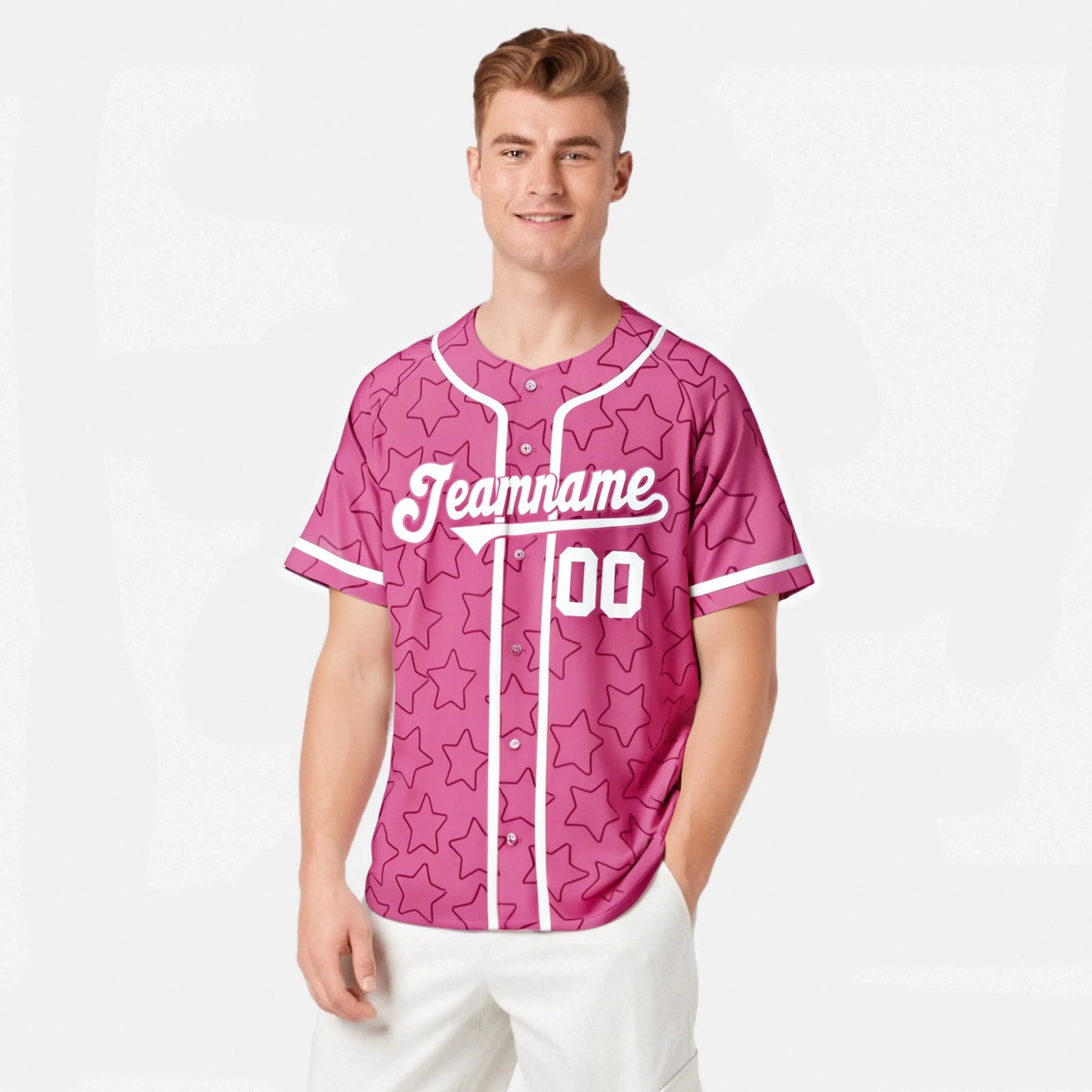 Custom Star Pink White Baseball Jersey Button Down Shirt Personalized for Adults/Youth