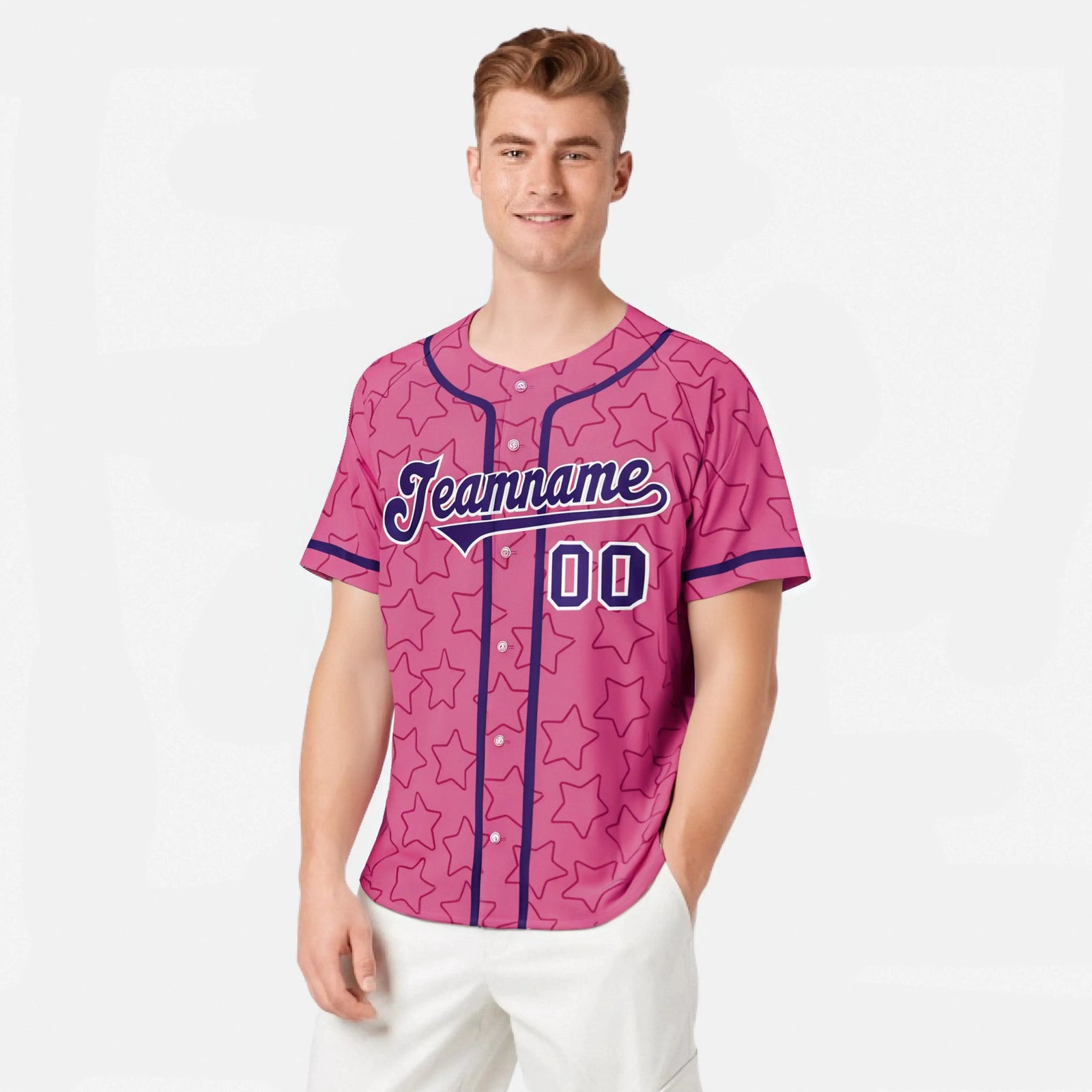Custom Star Pink Purple Baseball Jersey Button Down Shirt Personalized for Adults/Youth