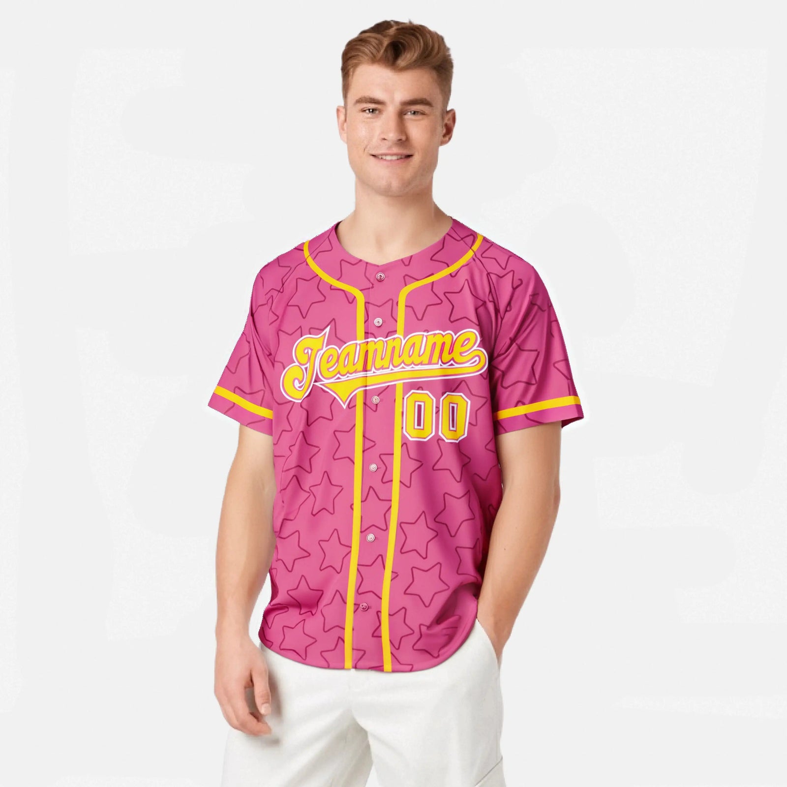 Custom Star Pink Yellow Baseball Jersey Button Down Shirt Personalized for Adults/Youth