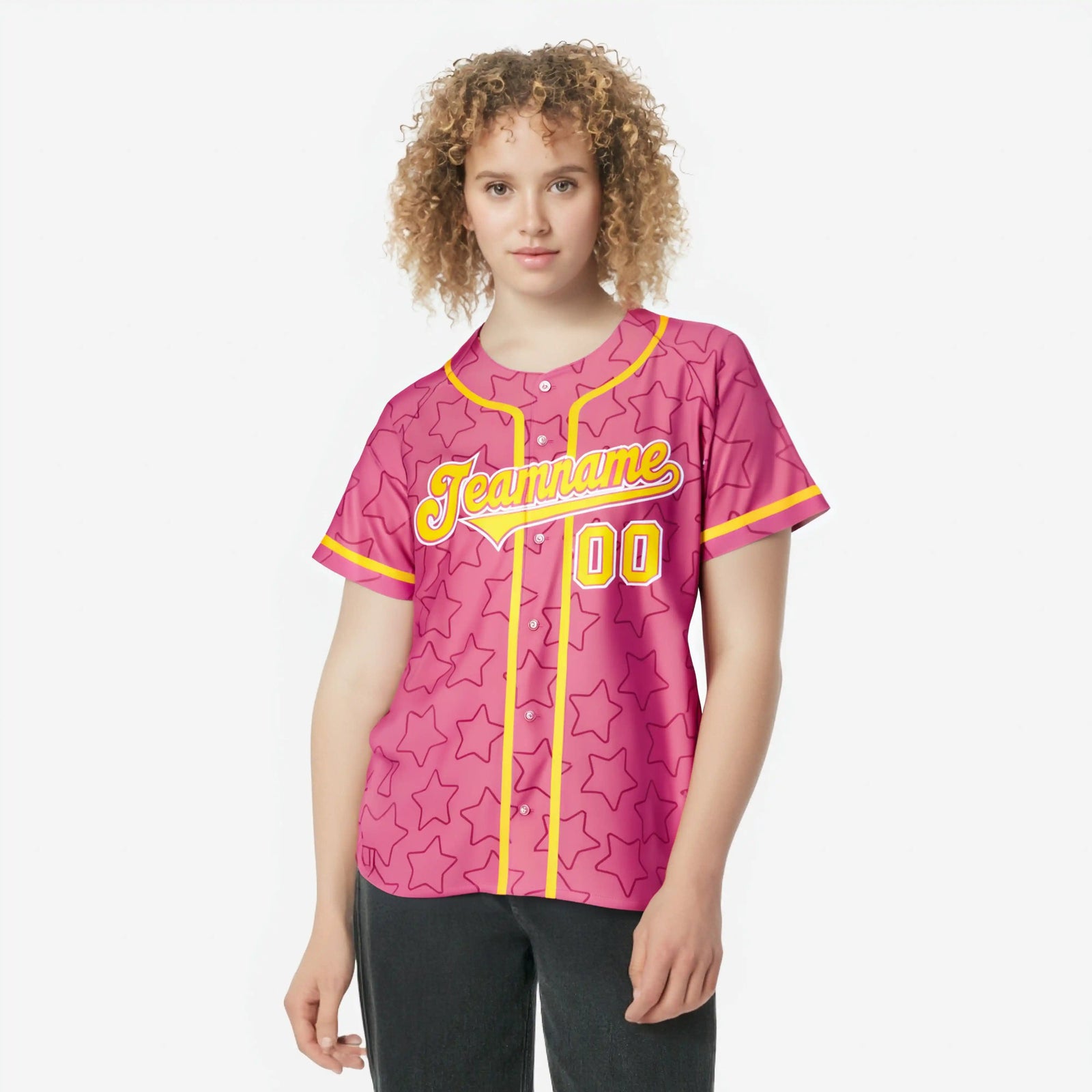 Custom Star Pink Yellow Baseball Jersey Button Down Shirt Personalized for Adults/Youth