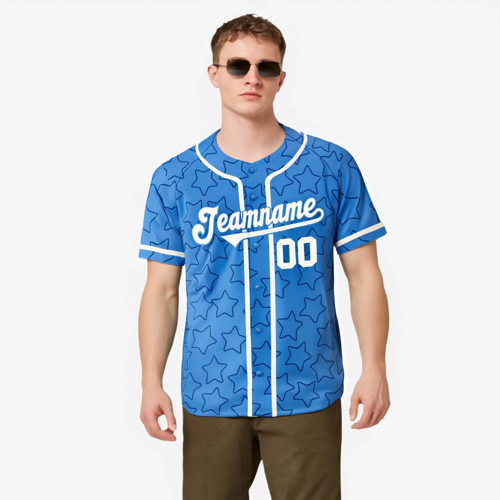 Custom Star Blue White Baseball Jersey Button Down Shirt Personalized for Adults/Youth