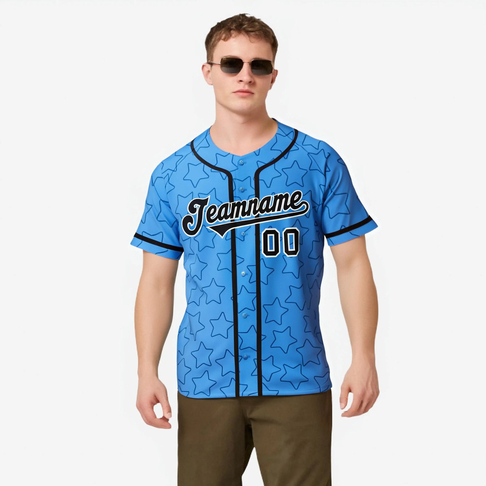 Custom Star Blue Black Baseball Jersey Button Down Shirt Personalized for Adults/Youth