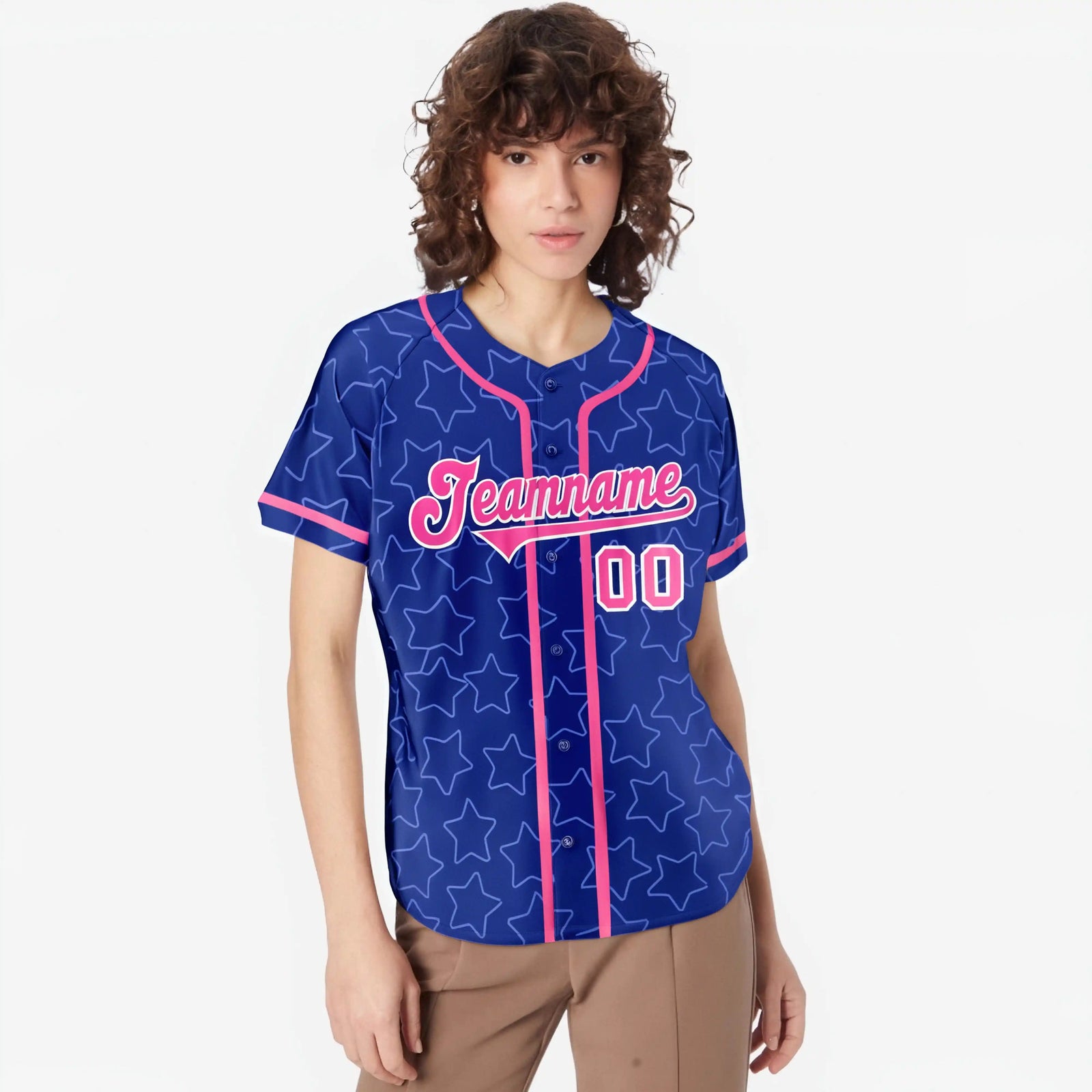 Custom Star Blue Pink Baseball Jersey Button Down Shirt Personalized for Adults/Youth