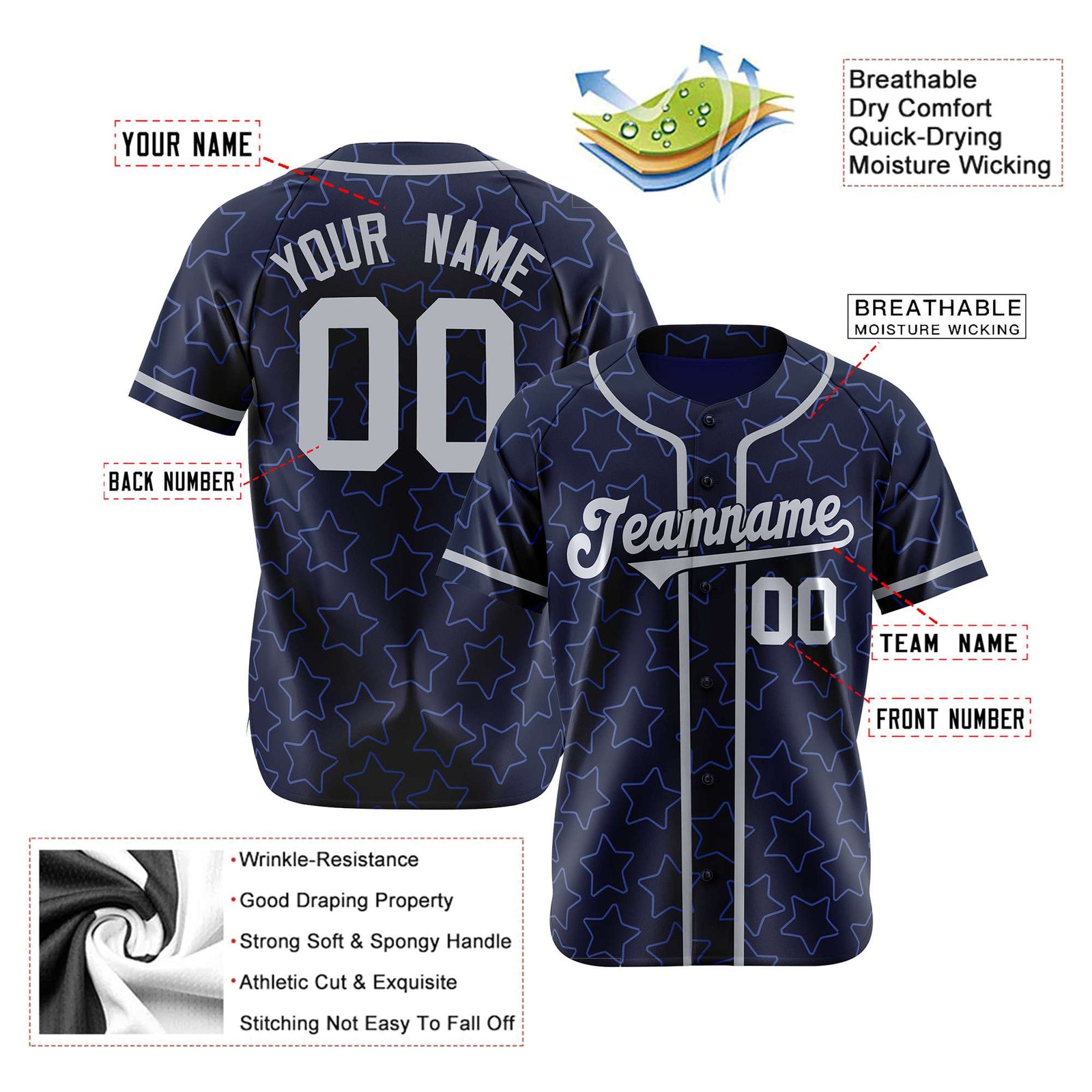 Custom Star Navy Blue-White Baseball Jersey Button Down Shirt Personalized for Adults/Youth